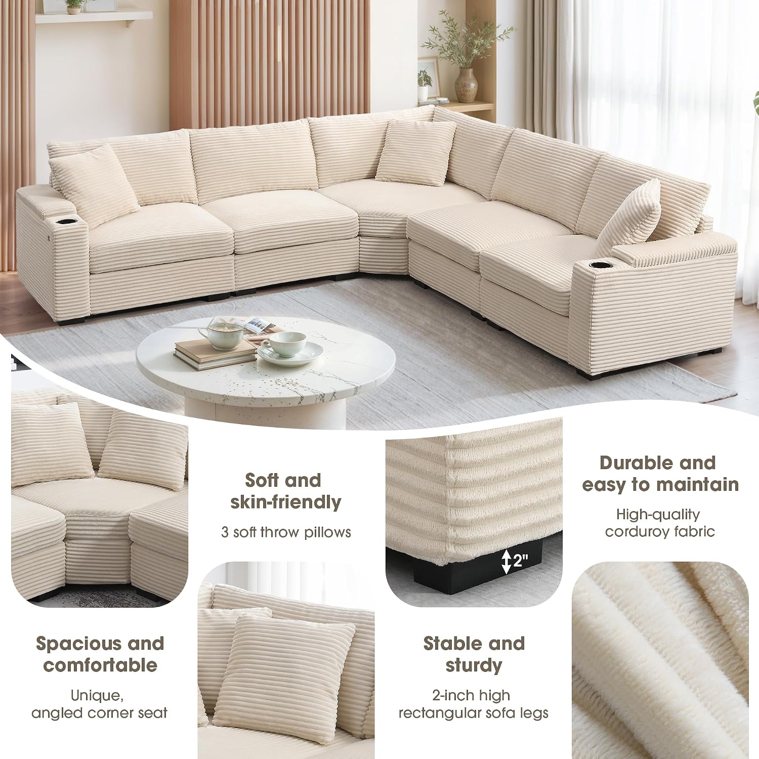 Merax 106' Corduroy Sectional Corner Sofa with Cup Holders & USB Charger, 5 Seat Convertible L Shaped Couch Set with Armrest Storage, Oversized Comfy Modular Sofabed for Living Room & Apartment, Beige
