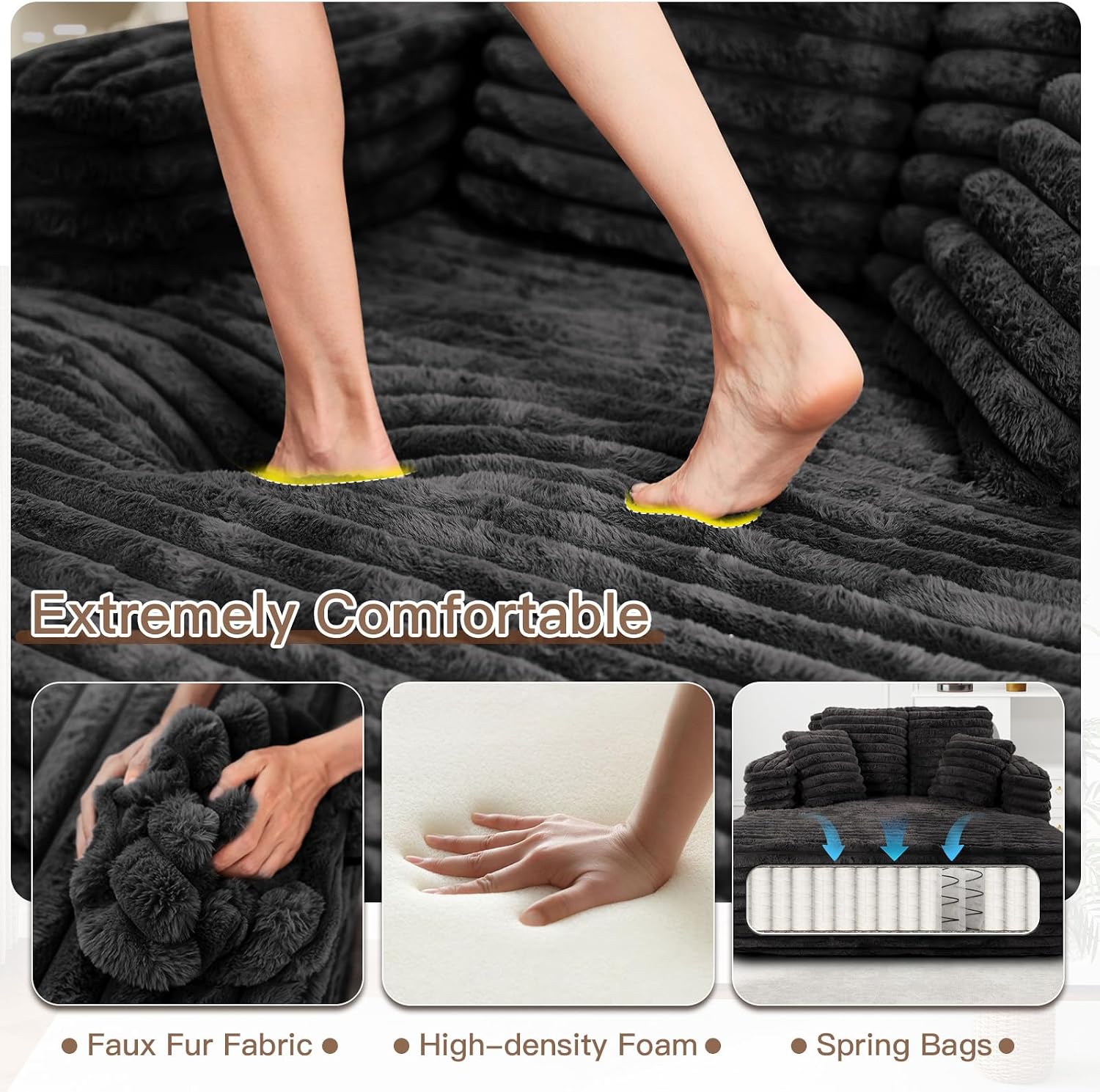JEEOHEY 56' Oversized Chaise Lounge Chair Indoor,Plush Faux Fur Sleeper Sofa Couch Bed with Pillows&Wide Armrests,Fluffy Comfy Cloud Couch,Compression Foam Couch for Living Room,Bedroom(Black)