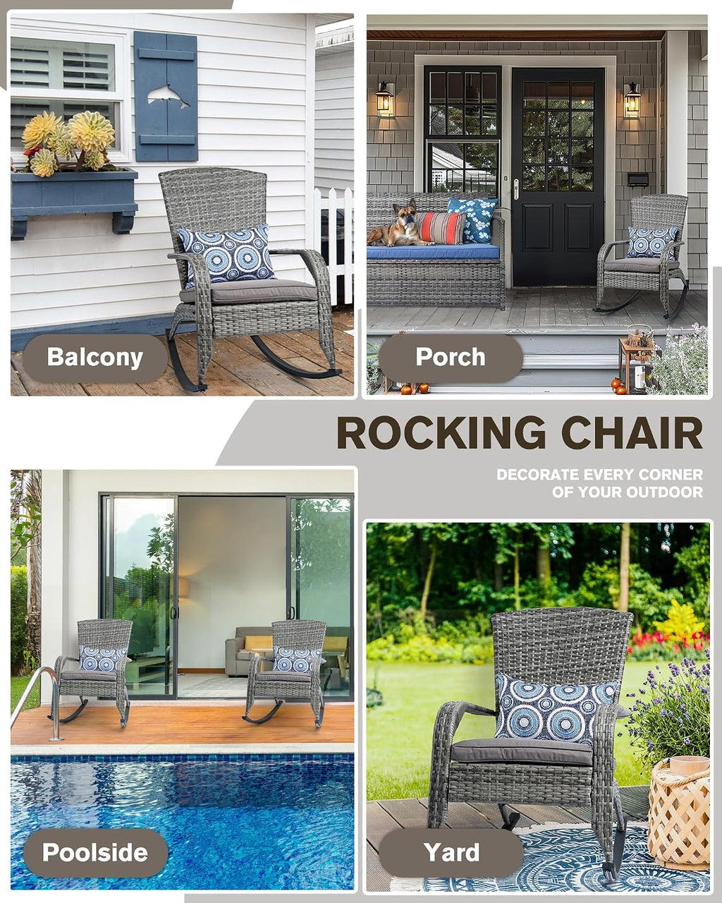 Outdoor Rocking Chairs Set of 2, Patio Rocker Chairs with Cushions & Steel Frame, All Weather Porch Rocking Chairs for Garden, Backyard, Poolside (Grey Rattan & Grey Cushion & Circle Pillow)