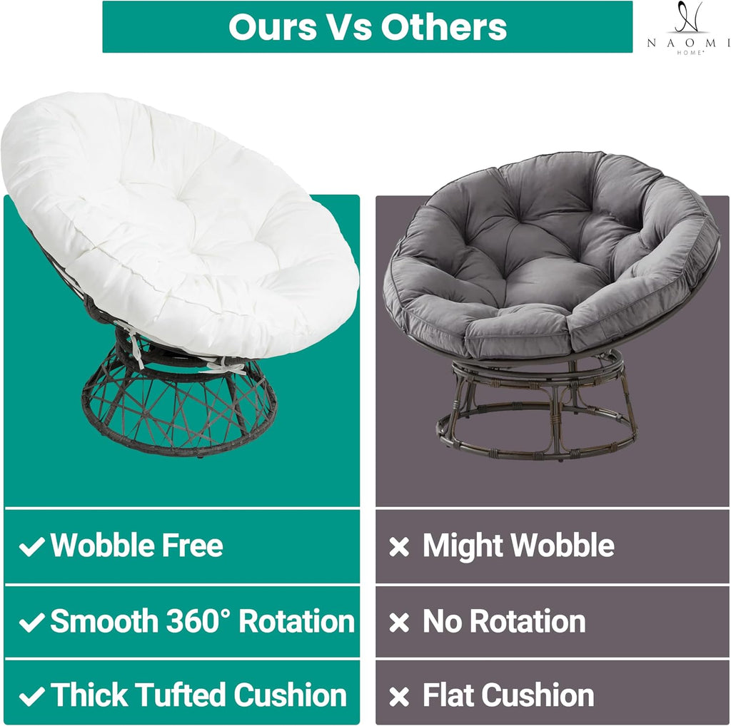 Naomi Home 40' Papasan Chair Indoor with Cushion and Frame – Round Wicker Papasan Chair with Thick Tufted Cushion, Sturdy Metal Base, Large Reading Chair for Bedroom & Living Room, White