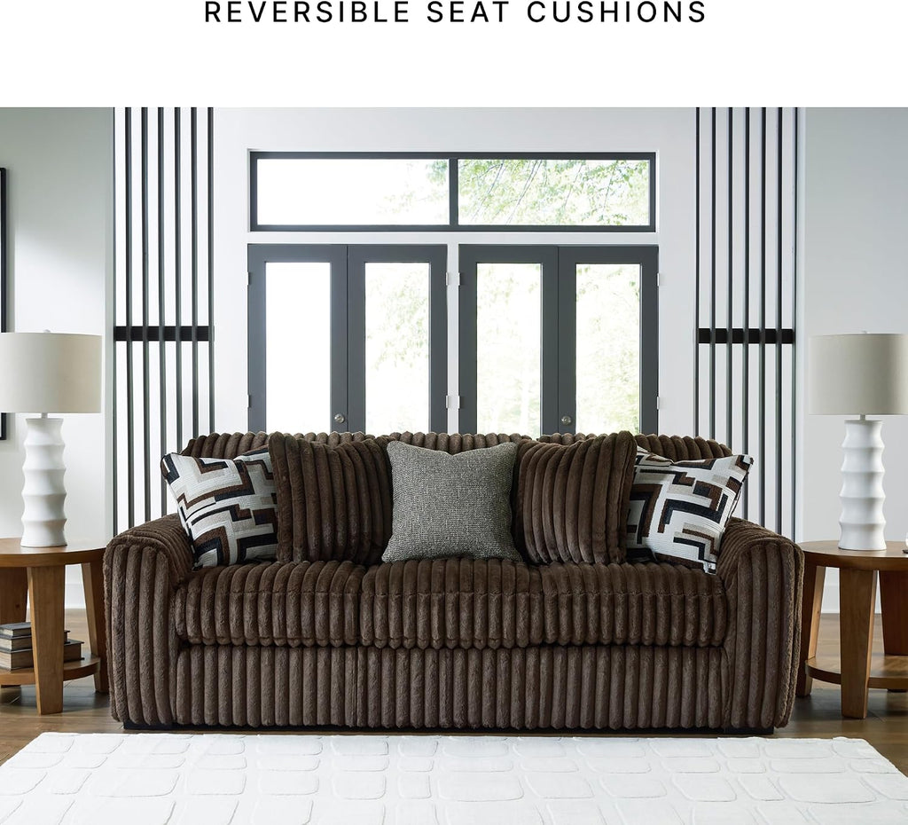 Signature Design by Ashley Stonemeade Casual Right-Arm Facing Sofa Chaise with 4 Toss Pillows, Light Brown