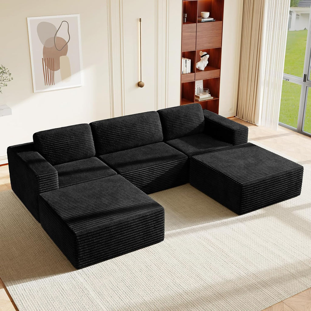 Vesgantti 119' Oversized U-Shaped Modular Sectional Sofa, Corduroy Cloud Couch with Deep Seating & Spring Support, Convertible Sofa with 2 Ottomans, Boneless Couch, No Assembly Required, Black