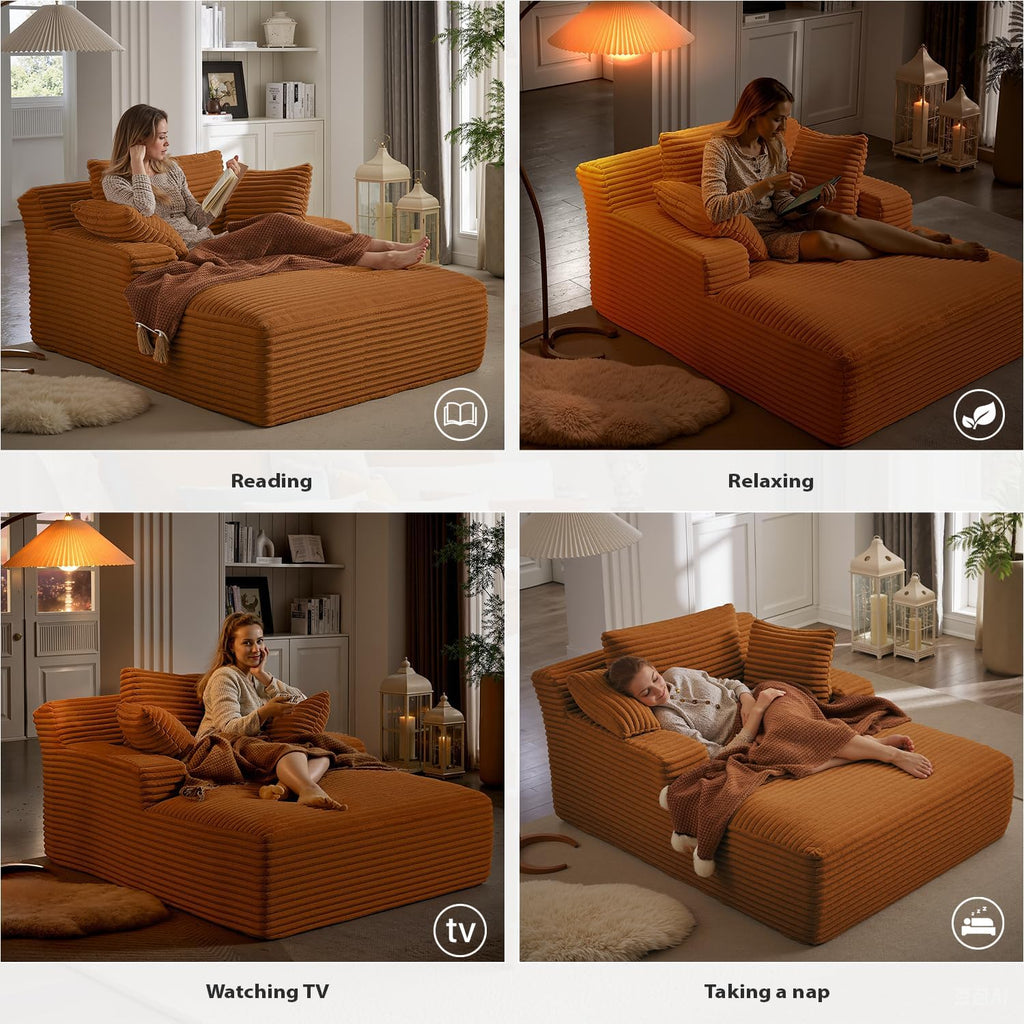 50 Inches Chaise Lounge Indoor, Oversized Chaise Lounge Chair with 3 Throw Pillows and Armrests, Corduroy Upholstered Plush Sofa Bed Lazy Chair Bed Sleeper Chair for Living Room Apartment (Orange)