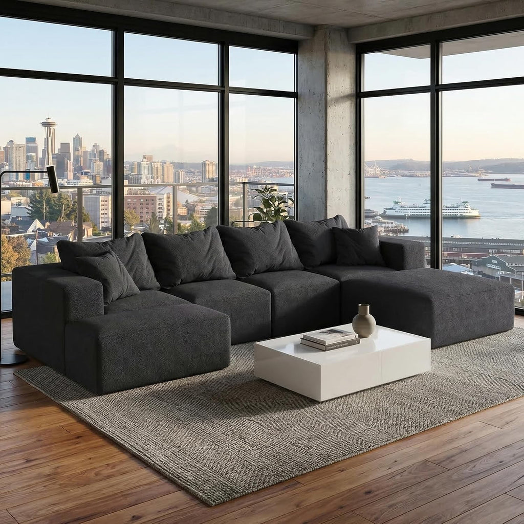 132' Modular Sectional Sleeper Sofa Couch, Modern Cloud Chenille Sectional Couch with Ottoman, Boneless U Shape Couches for Living Room, Free Combination, No Assembly Required, Black