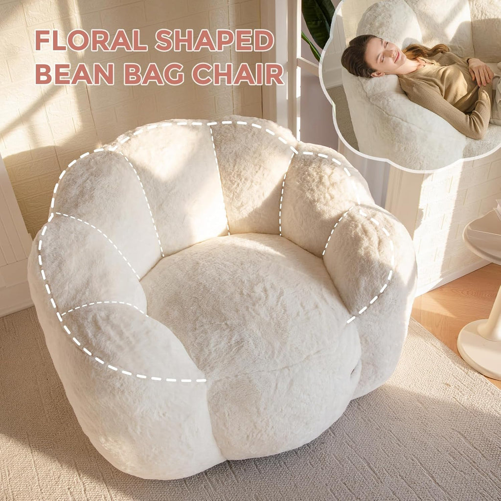 MAXYOYO Bean Bag Chair for Adults, Floral Shaped Bean Bag Sofa, Ultra Soft Faux Fur Floor Sofa, Large Reading Chair for Living Room Bedroom, Beige, Single