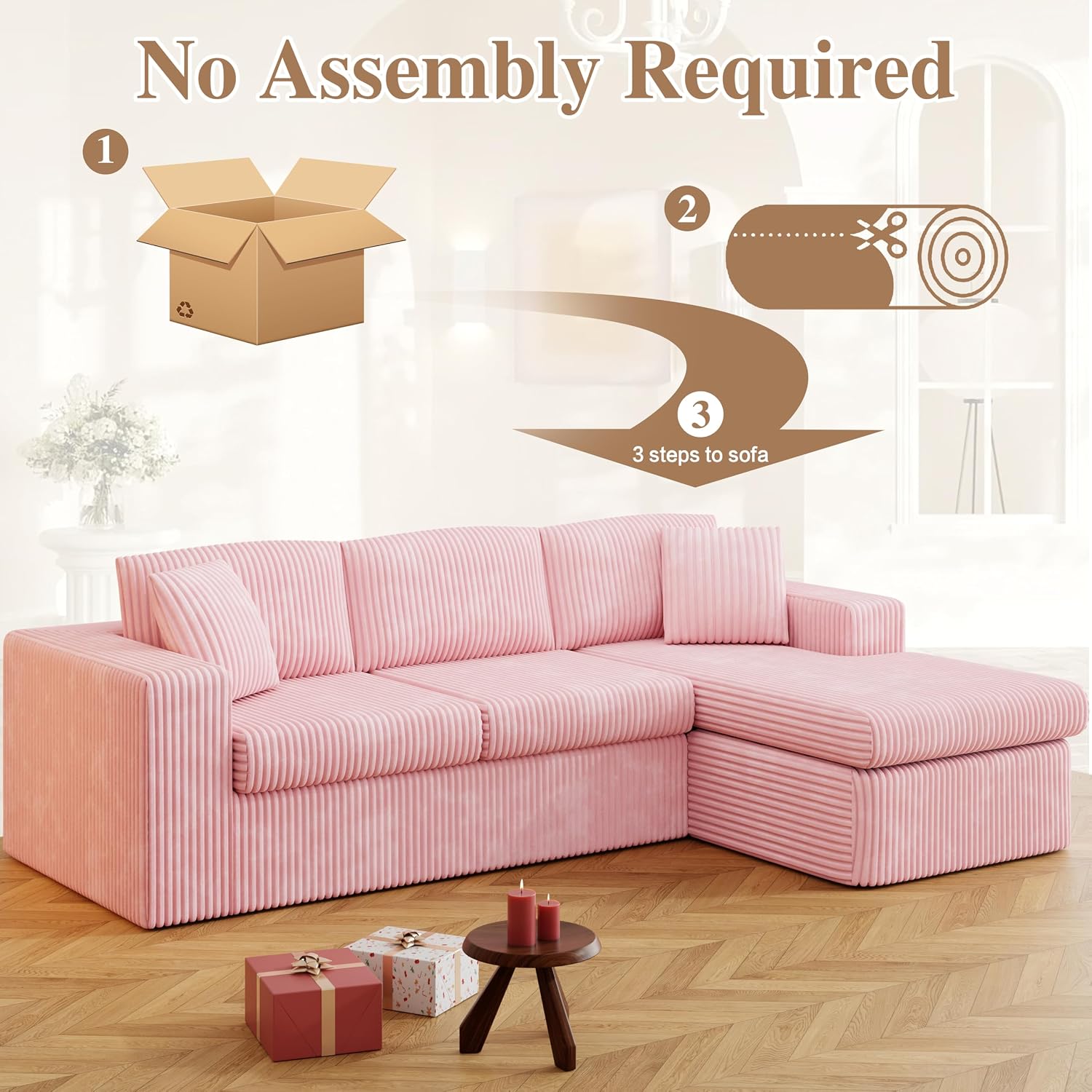 JAMFLY 105' Boneless Couches for Living Room Modular Sectional Sofa L-Shape Couch with Oversized Chaise, Cloud Couch Deep Seat Memory Foam Upholstered for Bedroom, Plush Corduroy Fabric, Baby Pink