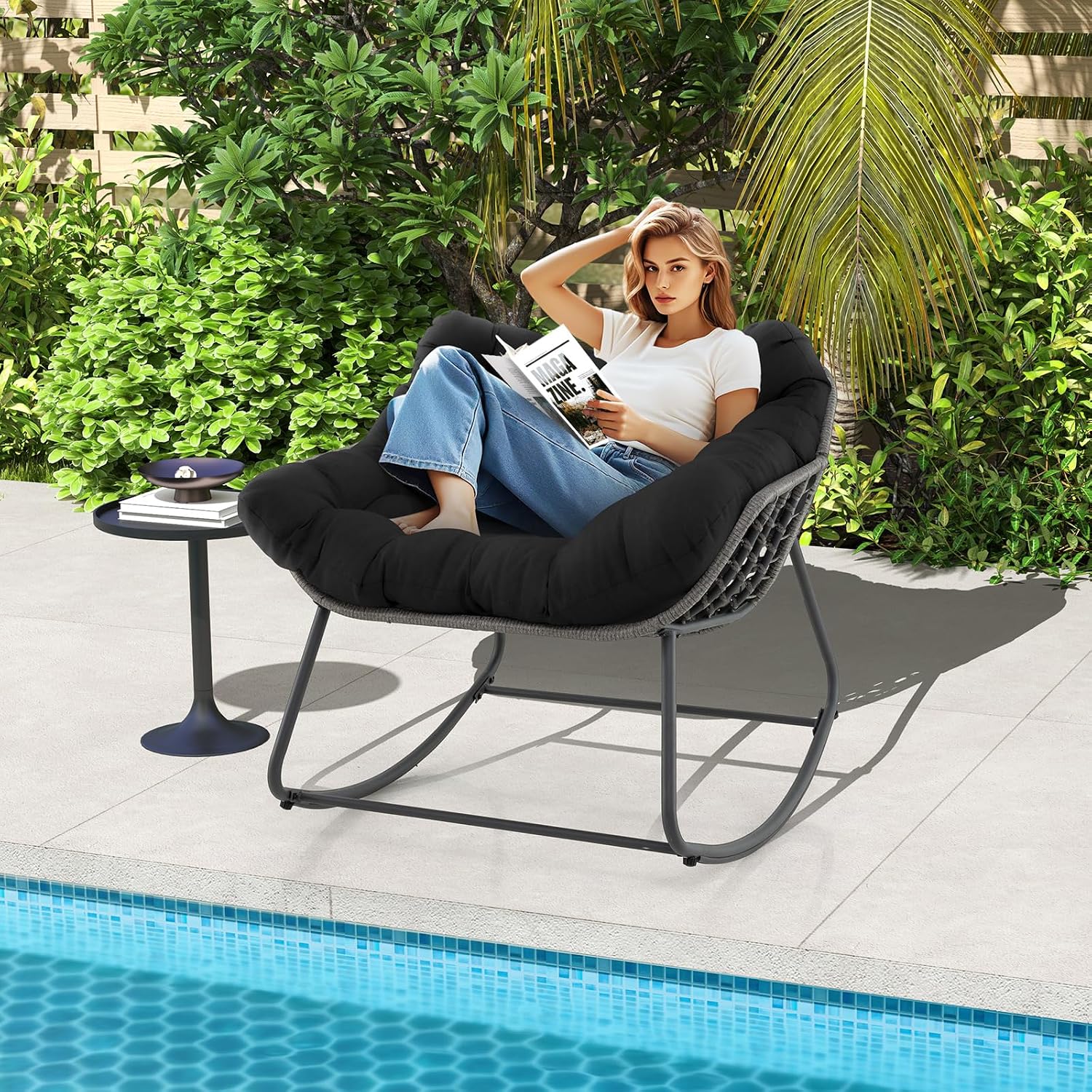 Giantex Outdoor Rocking Chair with Padded Cushion, Oversized Papasan Chair, PE Rattan, Egg Rocker for Reading, Front Porch, Garden, Patio, Backyard (1,Black)