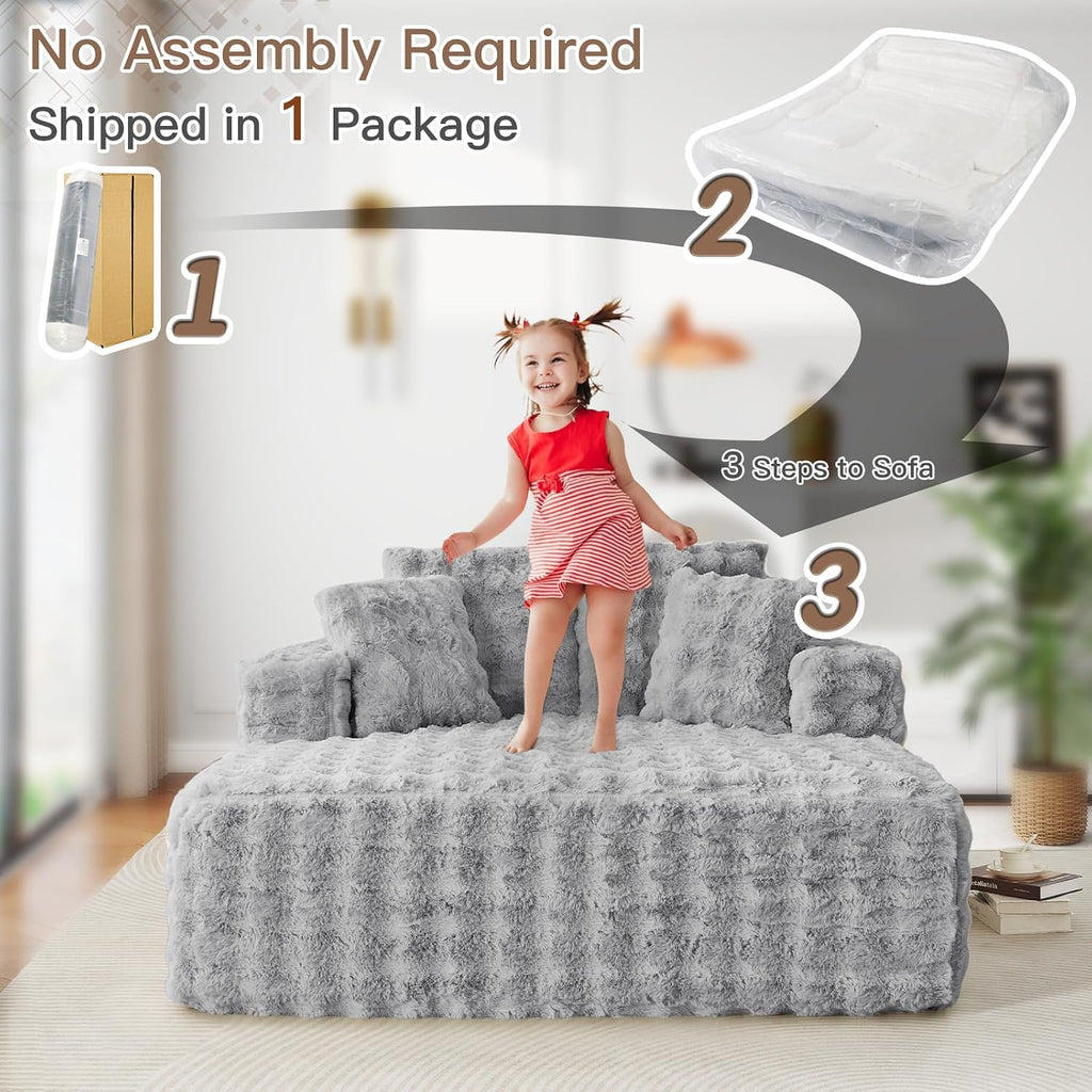 JEEOHEY 56'W Oversized Chaise Lounge Chair Indoor,Plush Faux Fur Sleeper Couch Sofa Bed with Pillows,Fluffy Comfy Cloud Sofa,Compression Foam Boneless Couch for Living Room,Bedroom(Bubble, Light Grey)