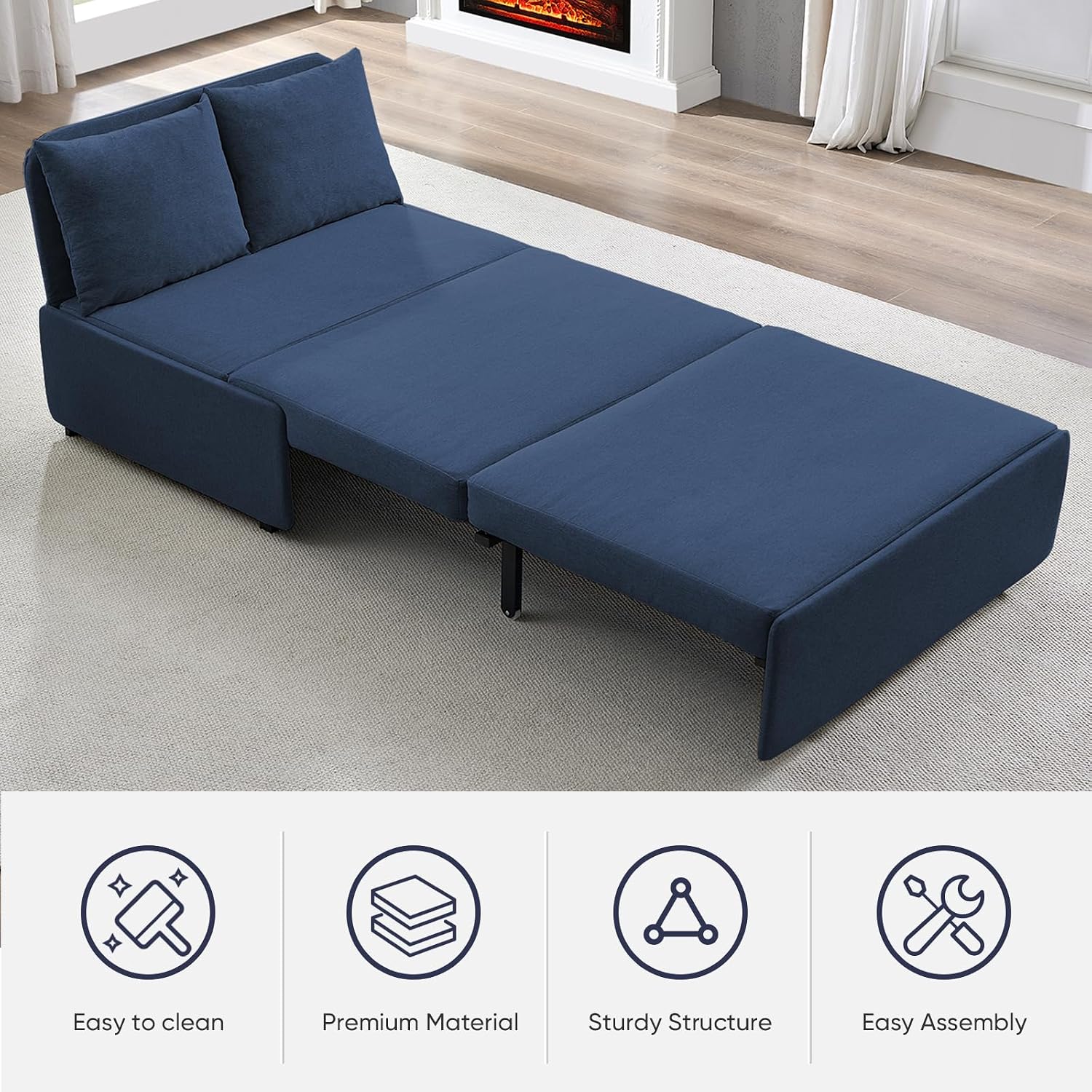 CECER 43.3' Convertible Sofa Bed，Twin Size Pull Out Sofa Bed with 2 Pillows，3 in 1 Linen Sleeper Sofa with Mattress for Small Space-Dark Blue