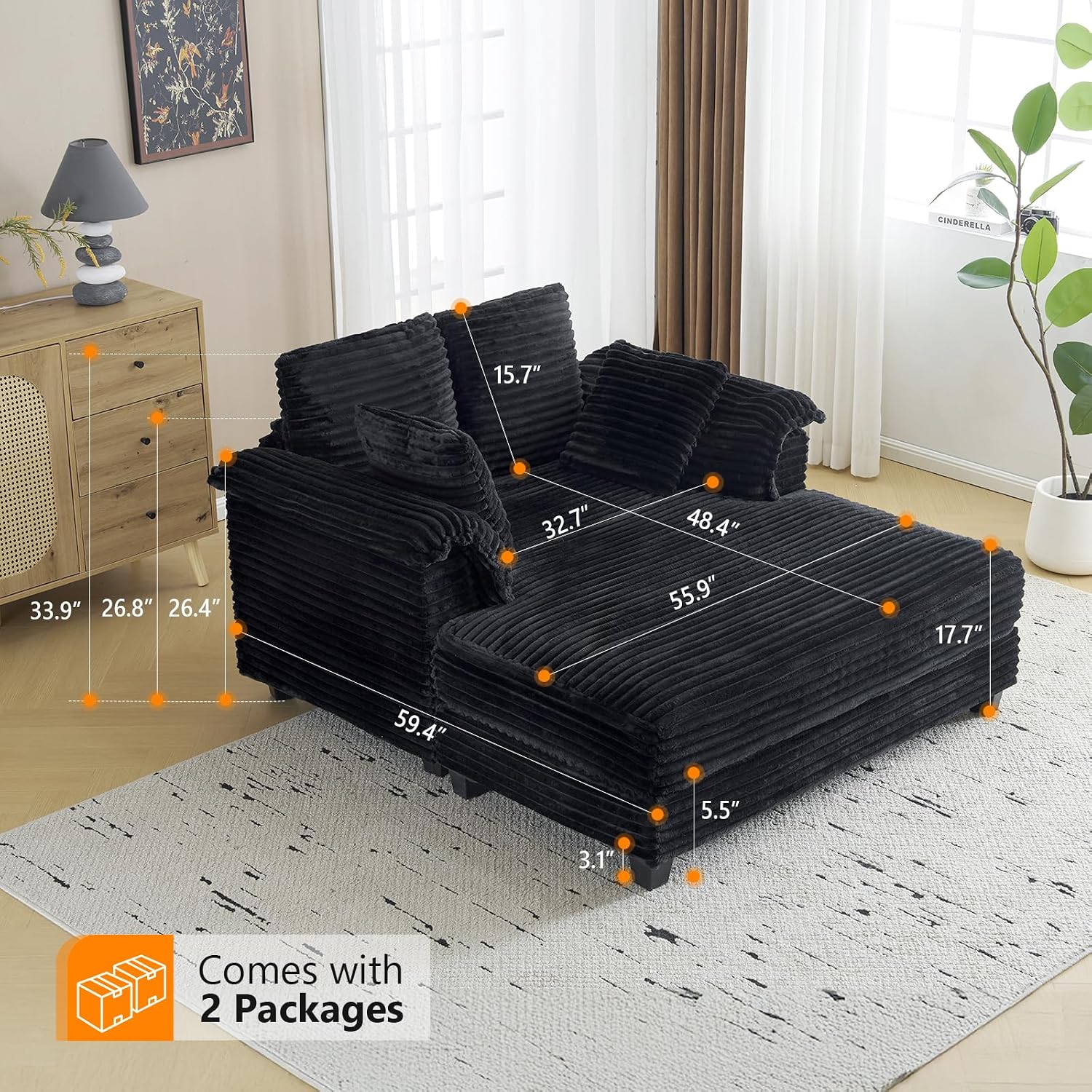 VINGLI 56' Oversized Chaise Lounge Chair, Black Comfy Corduroy Chaise Sofa Recliner Bed Upholstered Sleeper Couch Bed with Throw Pillows and Armrests for Living Room, Movie Room, Bedroom
