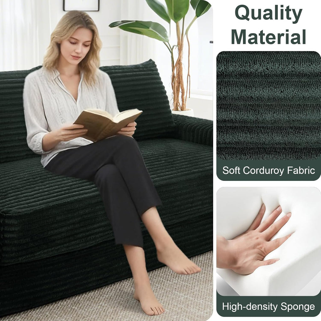 GNIXUU Corduroy Cloud Loveseat Sofa, 2 in 1 Convertible Sleeper Sofa with Fixed-Shape Frame, Comfy Folding Boneless Love Seat Couches for Living Room, Apartment, Small Spaces Green
