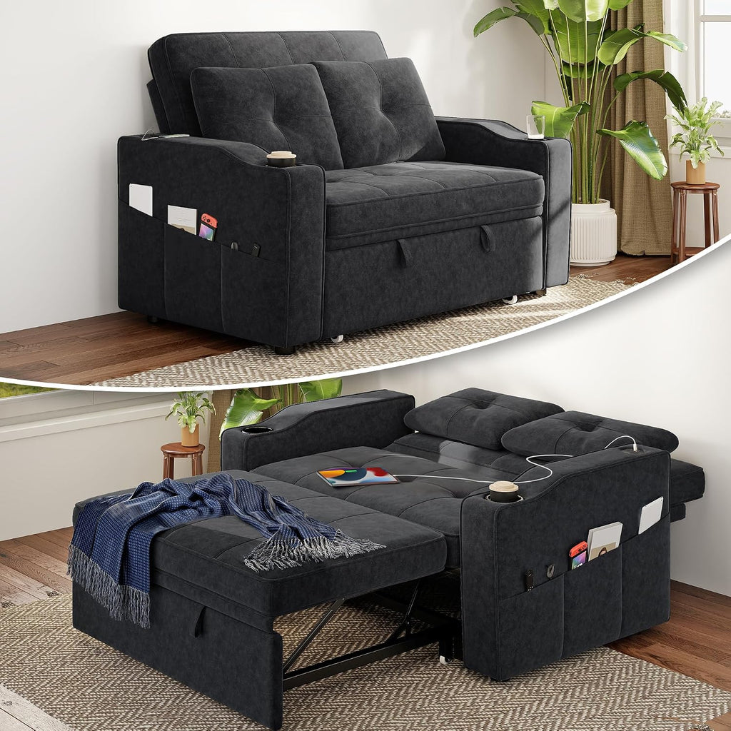 Real Relax Sleeper Sofa Bed, 3-in-1 Loveseat Sofa with USB Charging Ports, Convertible Pull Out Couch with 5 Level Adjustable Backrest, Cup Holders for Living Room, Office, Chenille, Dark Gray