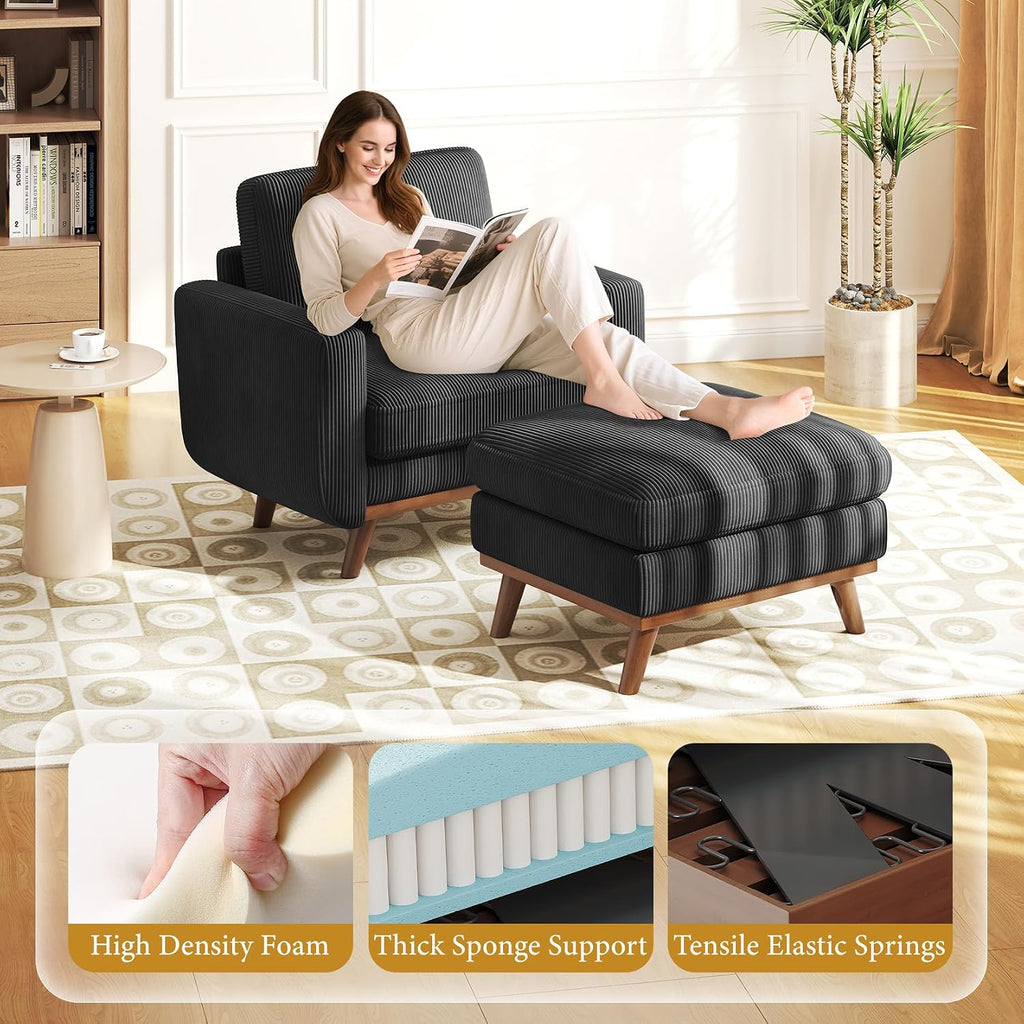 Vesgantti 38.5' Accent Chair with Movable Ottoman, Comfy Corduroy Armchair with Spring Cushion, Reading Chair with Ottoman, Modern Single Sofa for Living Room, Bedroom and Apartment, Black