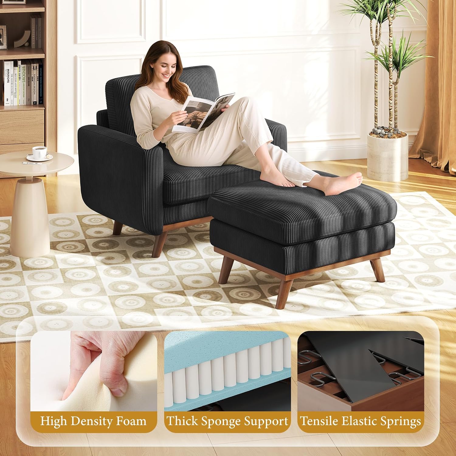 Vesgantti 38.5' Accent Chair with Movable Ottoman, Comfy Corduroy Armchair with Spring Cushion, Reading Chair with Ottoman, Modern Single Sofa for Living Room, Bedroom and Apartment, Black