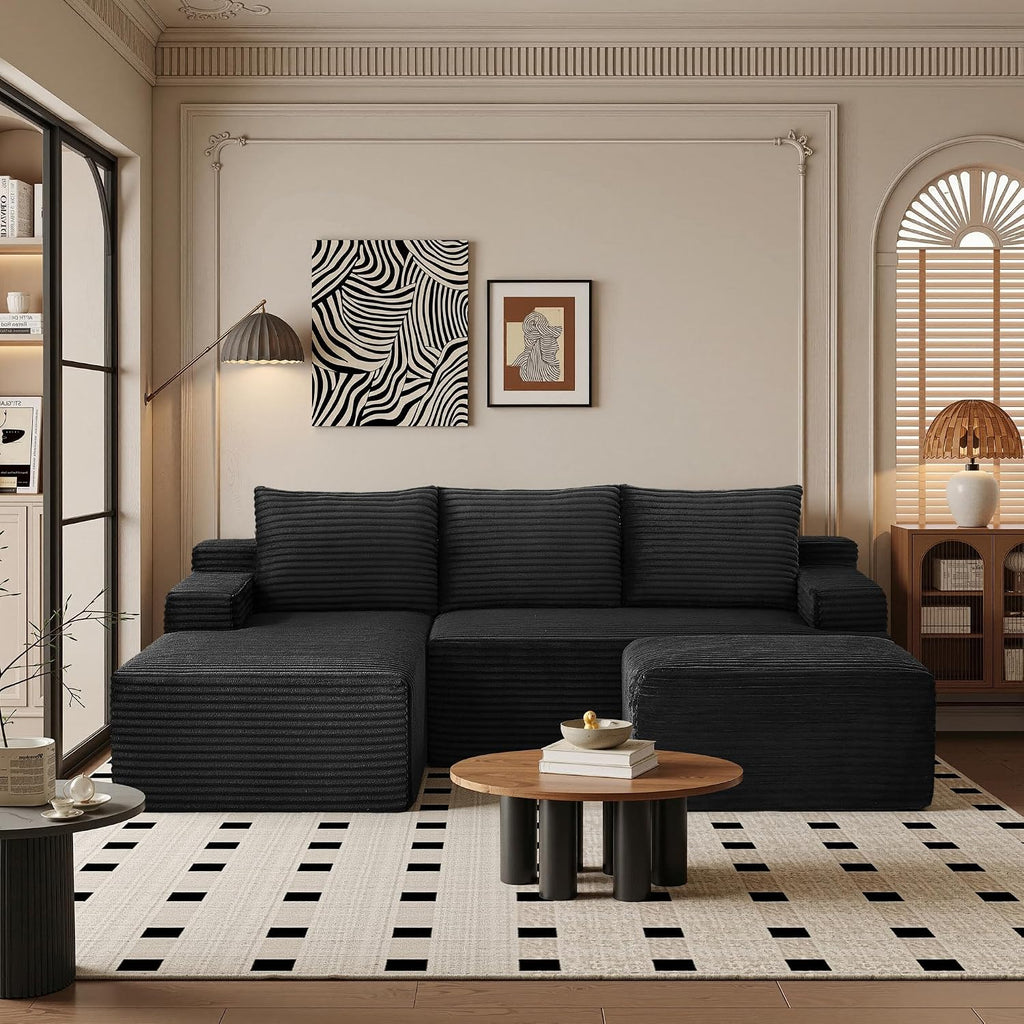 96''Sectional Couches for Living Room,Modern Modular Sectional Sofa,Upholstered Boneless Couch Comfy Cloud Couch with L Shaped Chaise (Black, 96''W Left Facing Chaise+Ottoman)