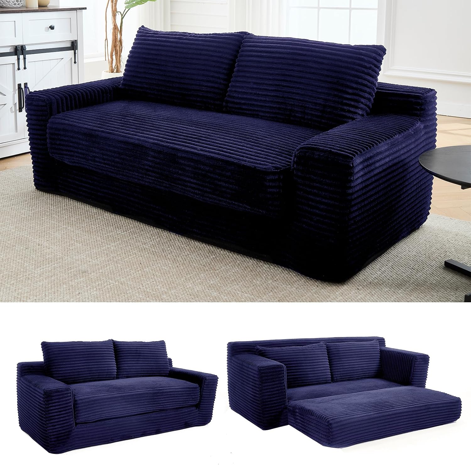 GNIXUU Corduroy Cloud Loveseat Sofa, 2 in 1 Convertible Sleeper Sofa with Fixed-Shape Frame, Comfy Folding Boneless Love Seat Couches for Living Room, Apartment, Small Spaces Blue