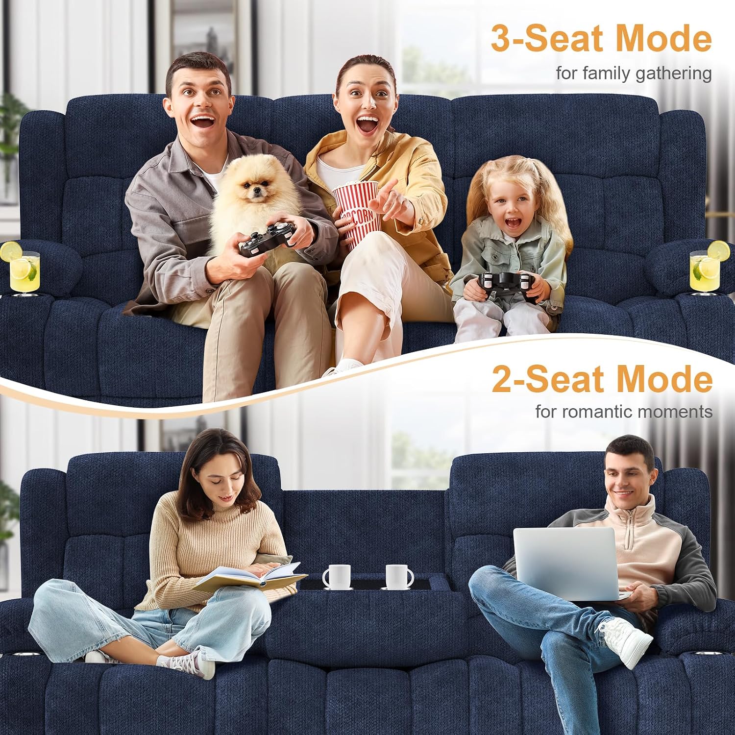 Dresegmt Loveseat Recliner Sofa, Flip Middle Backrest Design 3 Seat Reclining Sofa with Storage Drawer, USB Ports & Cup Holders, Manual Couch for Living Room/RV (Blue)