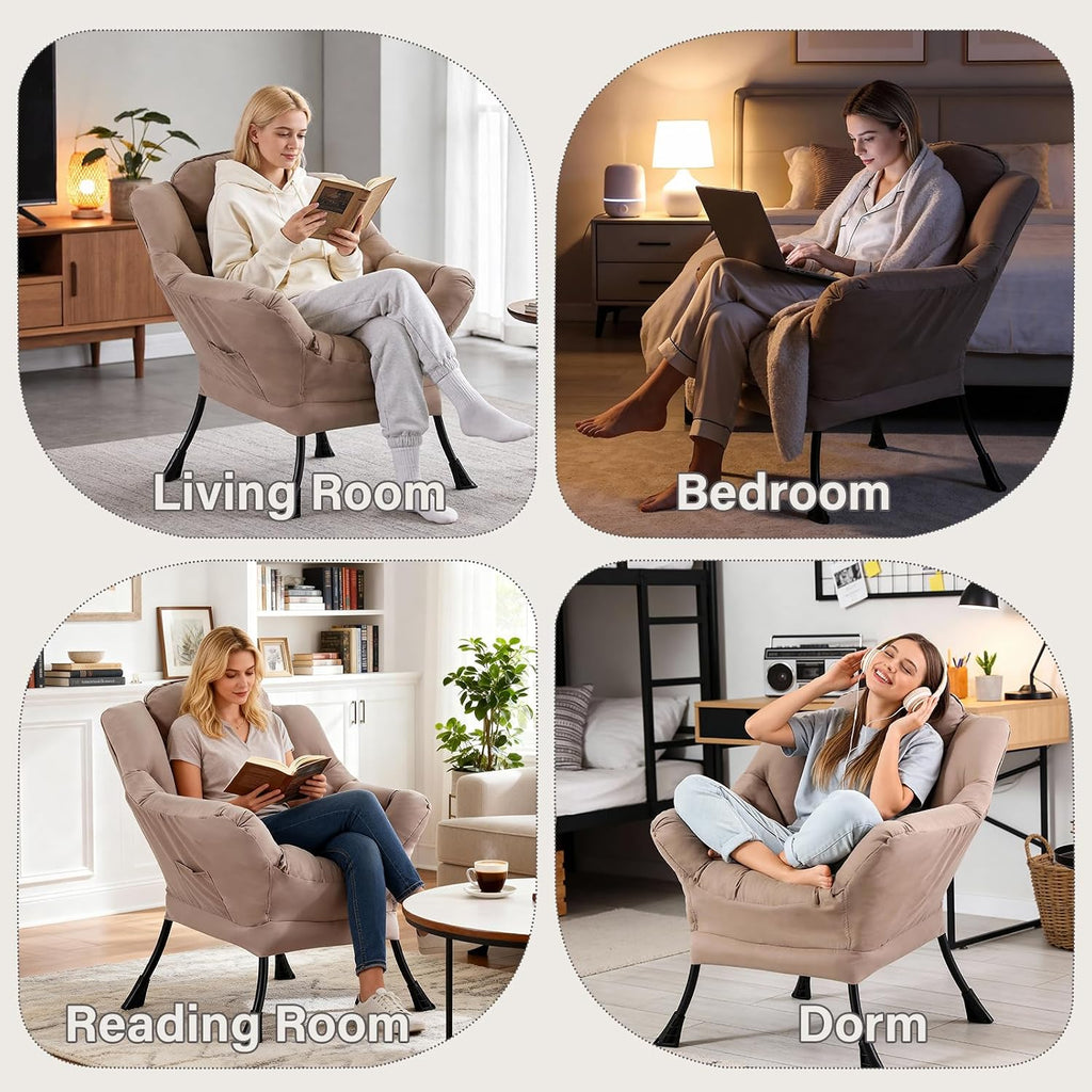 MBOOYOME Lazy Chair, Modern Soft Reading Chair Accent Contemporary Sofa Chair with Armrests and a Side Pocket for Living Room, Bedroom, Dorm & Office, Khaki