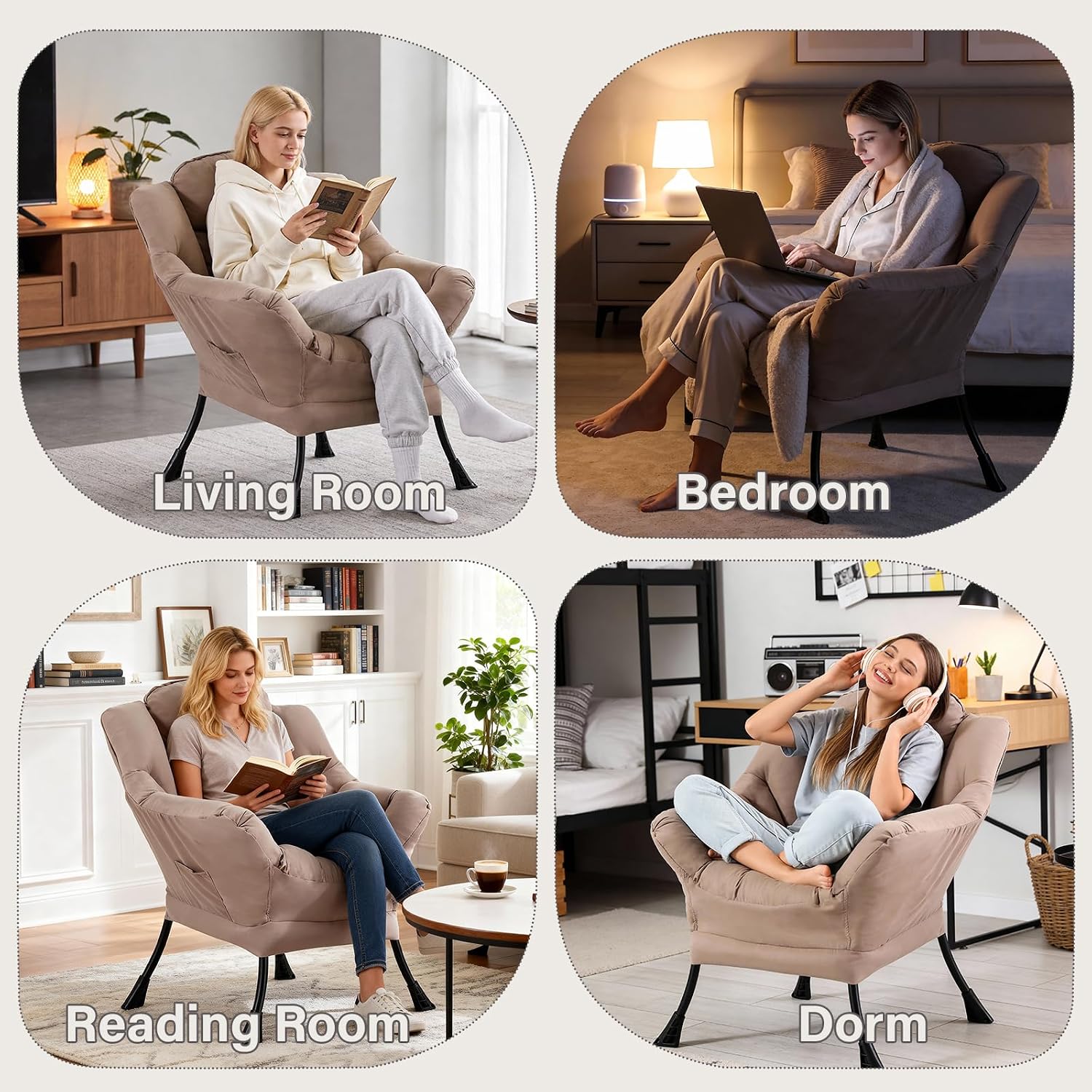 MBOOYOME Lazy Chair, Modern Soft Reading Chair Accent Contemporary Sofa Chair with Armrests and a Side Pocket for Living Room, Bedroom, Dorm & Office, Khaki