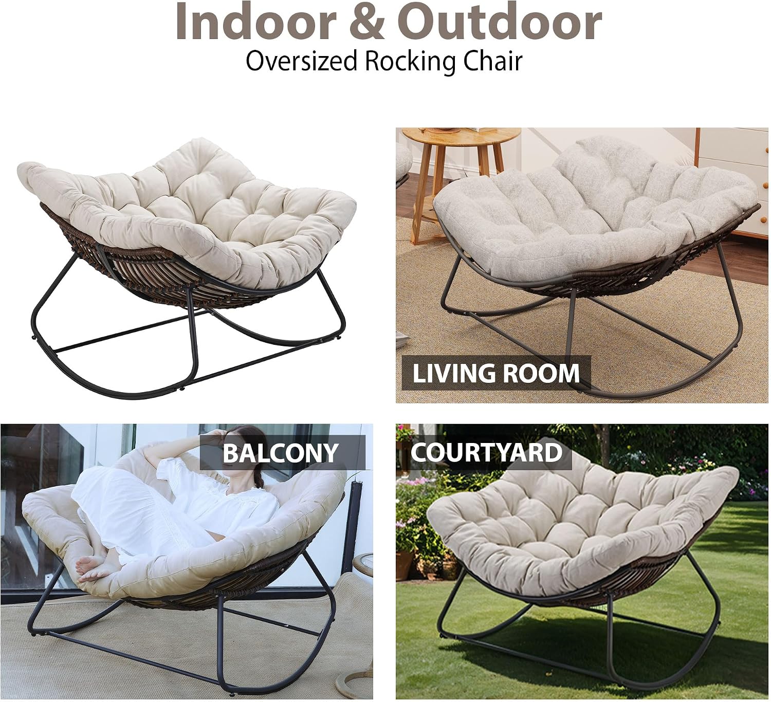Outdoor Papasan Rocking Chair Oversized, Rattan Rocking Chair, Patio Wicker Egg Chair with Padded Cushion, Rocker Egg Chair for Living Room, Patio, Front Porch, Backyard