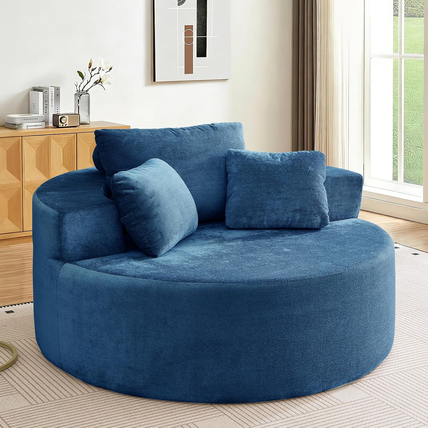 Antetek Oversized Round Chaise Longue Chair Indoor, Modern 55-inch Upholstered Terry Fabric Deep Seat Circle Single Cloud Lounge Floor Accent Chair for Living Room, Bedroom Apartment, Blue