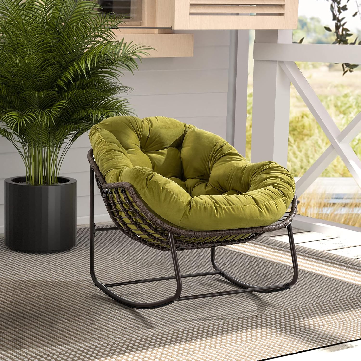 Oversized Indoor Outdoor Rocking Papasan Chair, Rattan Wicker Egg Rocking Chair with Steel Frame & Thick Olefin Cushion, Comfy Recliner Lounger for Patio, Backyard, Balcony, Garden,Olive Green