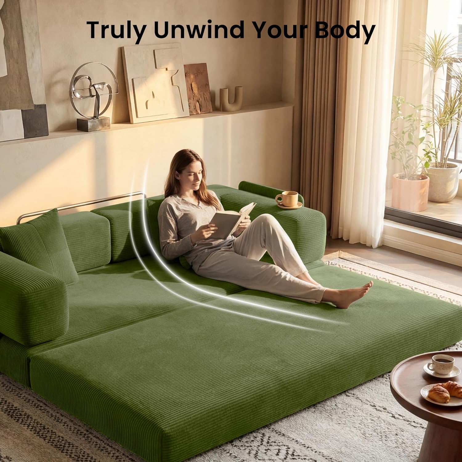 78.8' Convertible Sofa Bed,Corduroy Futon Couch with Storage Pocket,Folding Pull Out Futon Sofa,No Assembly Boneless Couch for Living Room,Green