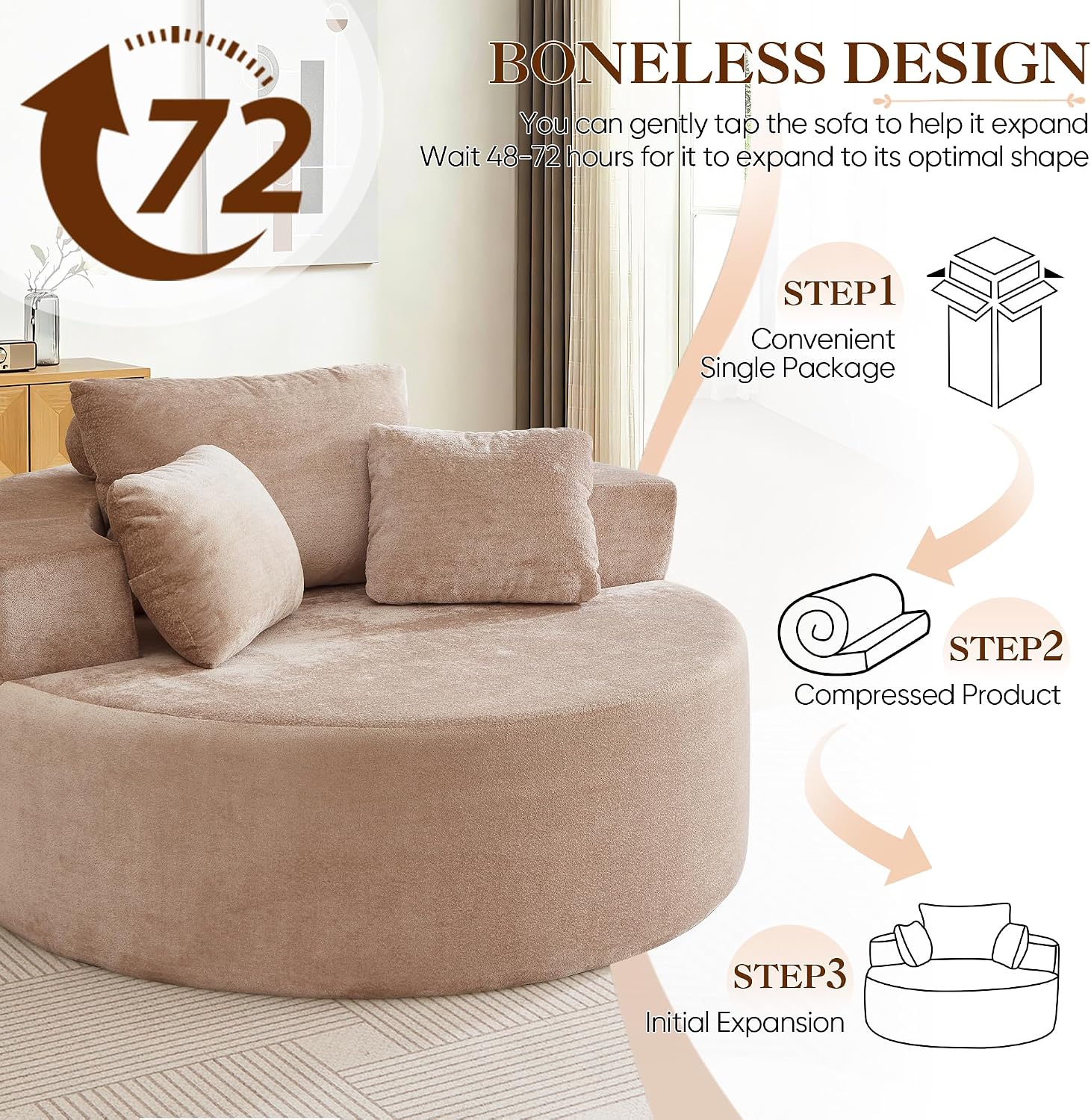 Antetek Oversized Round Chaise Longue Chair Indoor, Modern 55-inch Upholstered Terry Fabric Deep Seat Circle Single Cloud Floor Accent Chair for Living Room,Bedroom,Apartment, Camel
