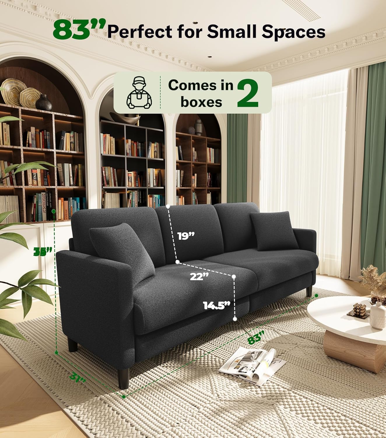 Welzona Teddy Sofa Couch, 83' Comfy Couches for Living Room, Classic Grey | 22' Extra Deep Seat, Tool-Free Sofas, All-Wood Loveseat, 2 Pillows Included, 850lbs Load-bearing