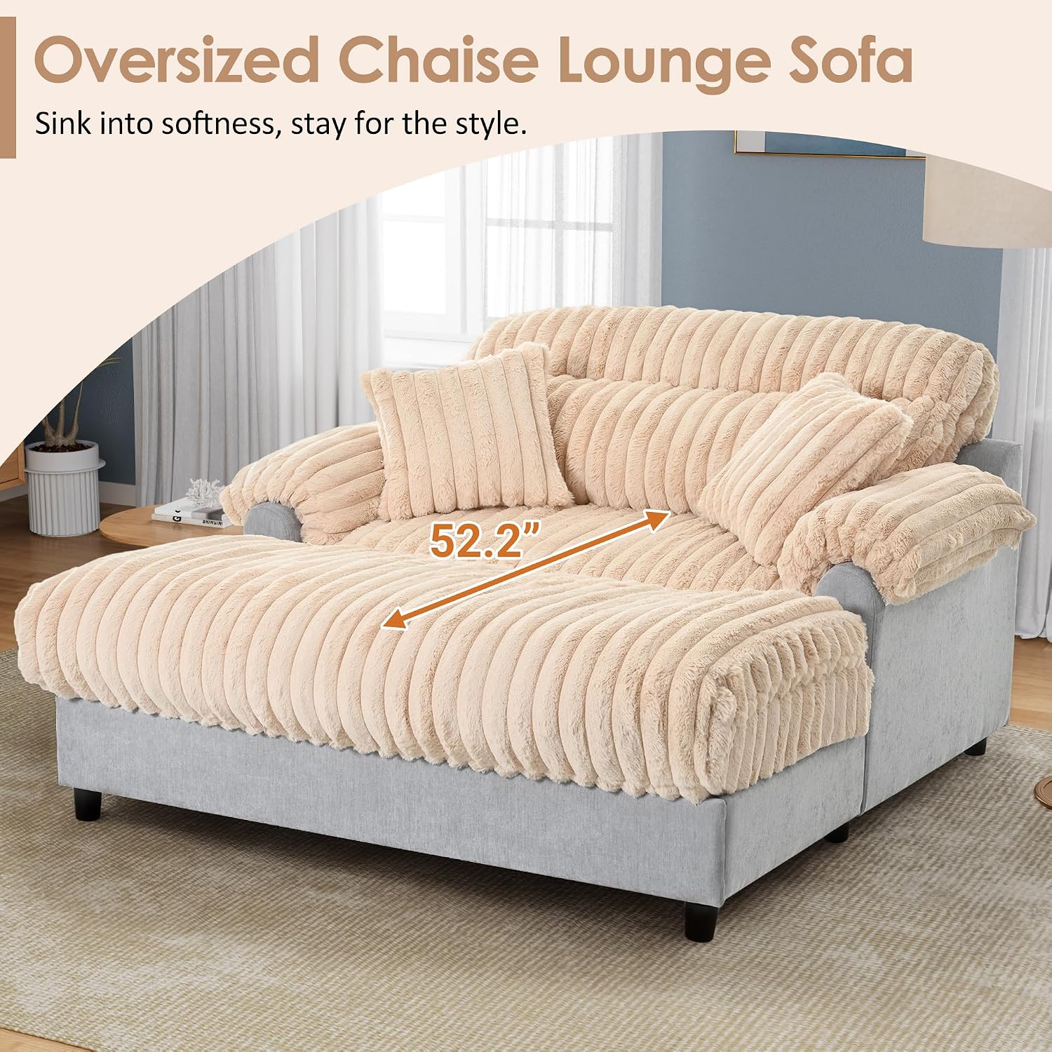 Merax 65' Oversized Chaise Lounge Chair with 2 Throw Pillows, Cloud Chaise Sofa Cozy Plush Boneless Sofa Bed for Living Room, Ergonomic Backrest & Curved Armrest (Champagne)