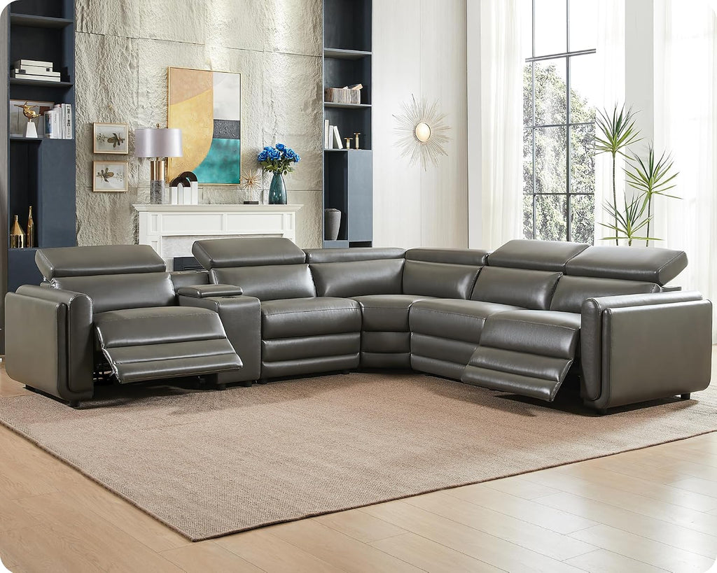 Amerlife Power Recliner Sectional Sofa, Reclining Sofa with Storage/USB Port, Leather Recliner Sofa with Adjustable Headrest, 5 Seats Reclining Sectional Couches with Console and Cup Holder, Dark Grey