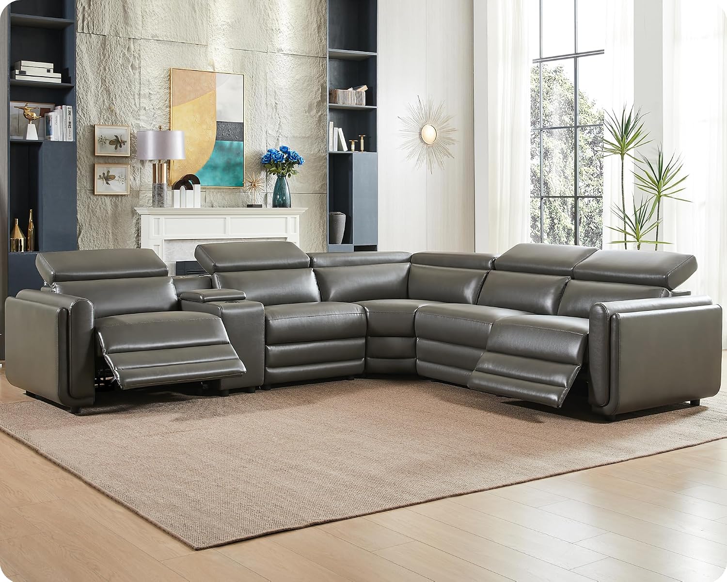 Amerlife Power Recliner Sectional Sofa, Reclining Sofa with Storage/USB Port, Leather Recliner Sofa with Adjustable Headrest, 5 Seats Reclining Sectional Couches with Console and Cup Holder, Dark Grey