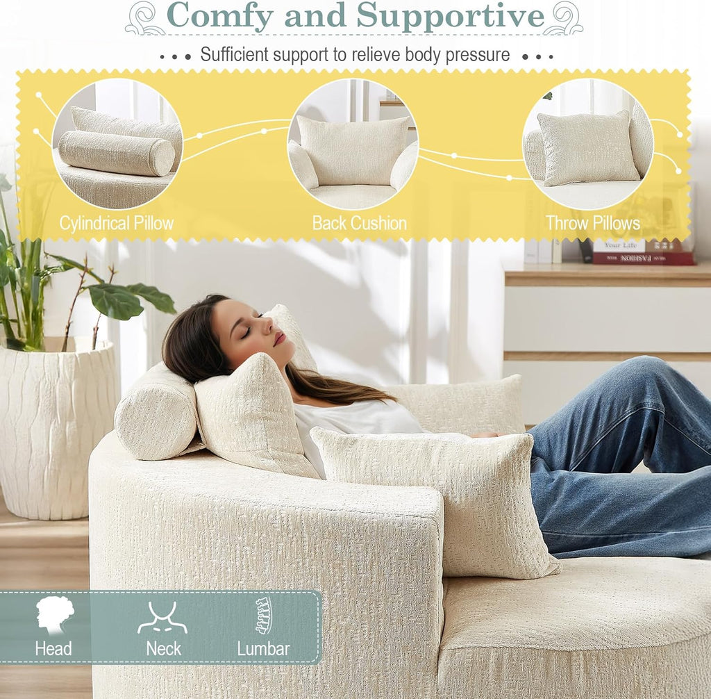 Oversized Round Chaise Longue Chair Indoor, Modern 55-inch Upholstered Chenille Deep Seat Circle Single Cloud Lounge Floor Sofa Chair for Living Room, Bedroom Apartment, Beige