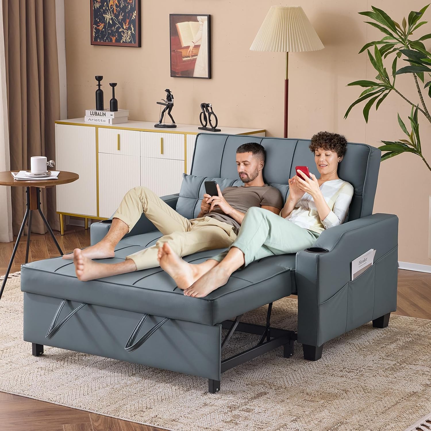 VINGLI Blue Grey Futon Sofa Bed Convertible Loveseat Sleeper Couch, Faux Leather Pullout Sofa Fold Out Couch Bed with USB Ports, Cup Holders, Armrest for Living Room, Bedroom Apartment Room