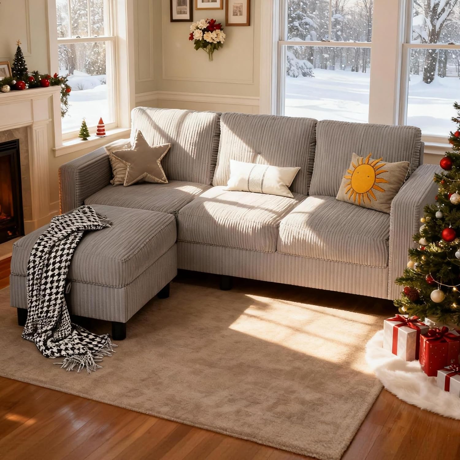 SUNLEI Convertible Sectional Sofa for Small Spaces, L Shaped Modular Sofa with Reversible Chaise & Ottoman Storage, 3 Seat Modern Small Couches for Living Room in Apartment, Linen Fabric, Light Grey