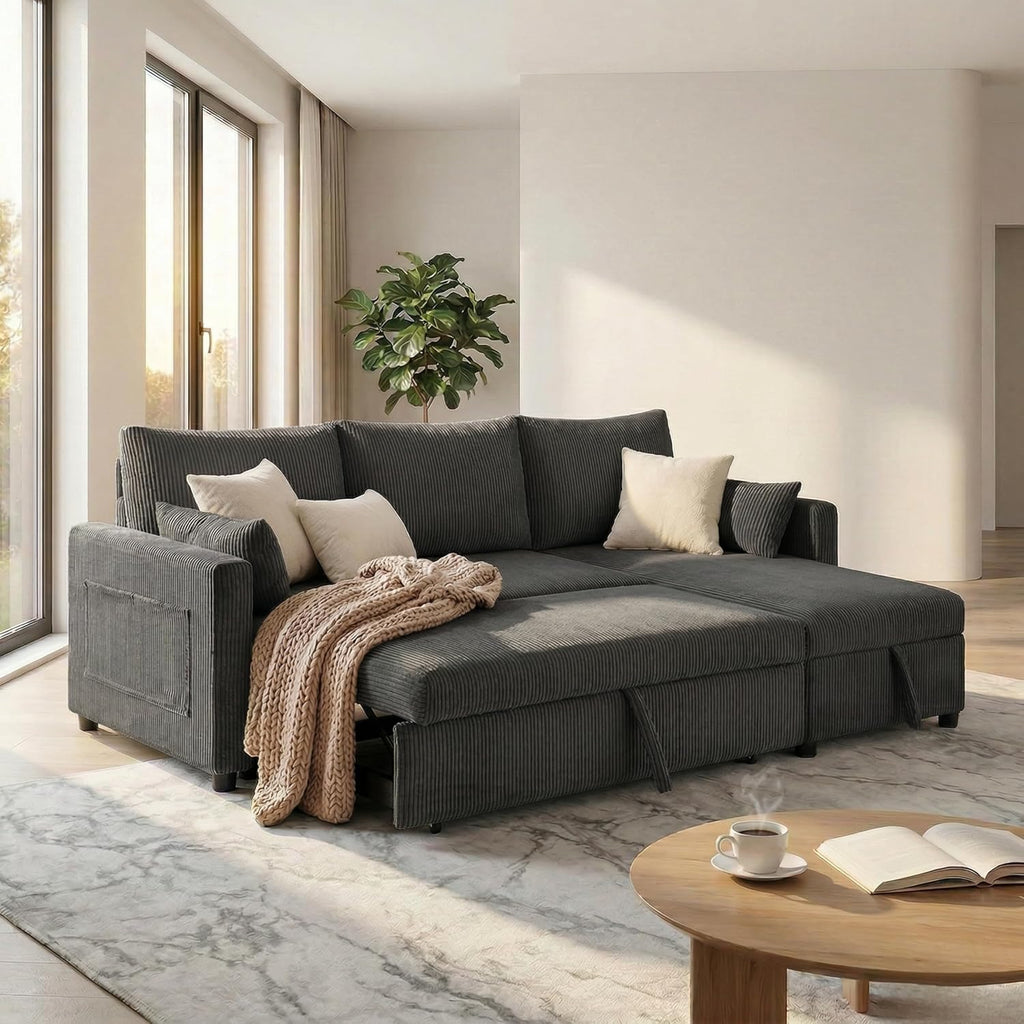 86in Reversible Sectional Sofa Couch, Sleeper Sofa Bed with Storage Chaise Pull Out Couch for Living Room (Ashgrey)