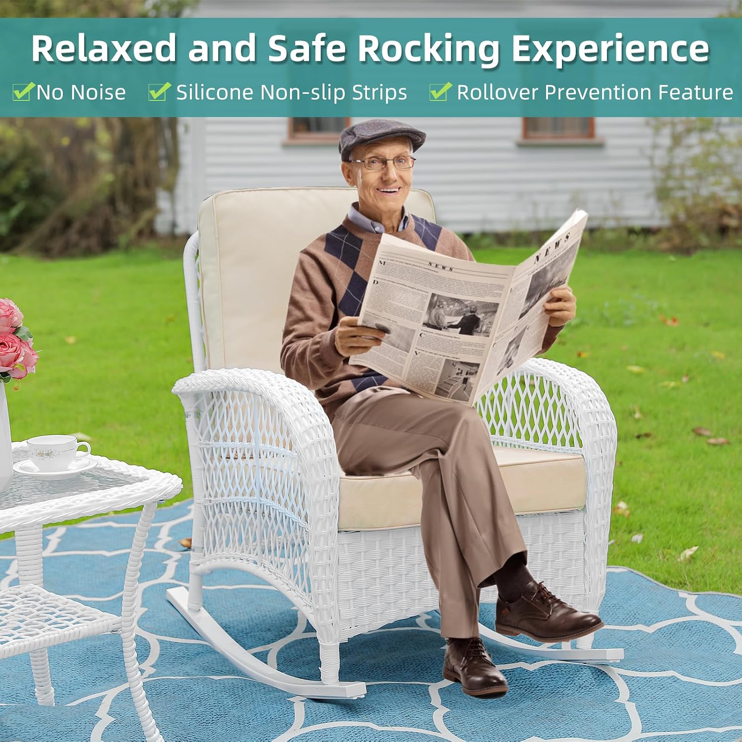 MEETWARM Outdoor Wicker Rocking Chairs Set of 2, Rattan Patio Rocker Chairs with Thick Cushions and High Back, All-Weather Patio Wicker Chair with Safe Rocking Design for Garden, White/Beige