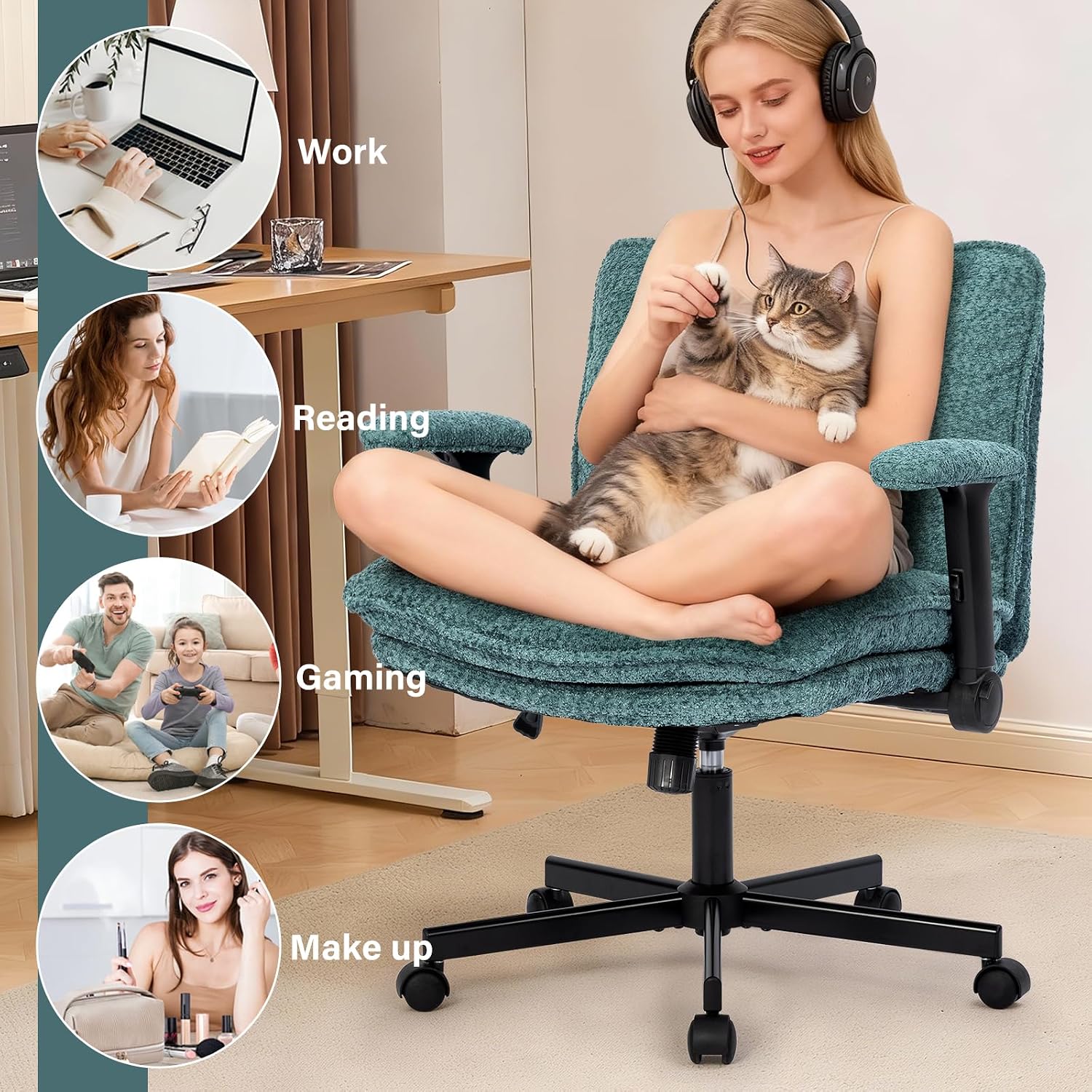 Kassipo Criss Cross Legged Office Chair with Wheels and Flip-Up Arms, Upholstered Criss Cross Desk Chair, Wide Seat Chairs for Home Office, Vanity, Apartment, Green