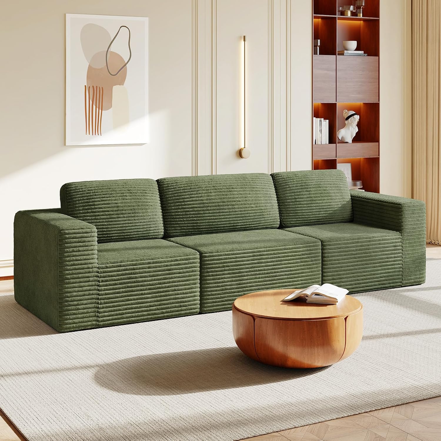 Vesgantti 119' Modular Sectional Sofa, Corduroy Cloud Couch with Deep Seating & Spring Support, 3 Seater Flexible Layout Sofa, Boneless Couch for Living Room & Apartment, No Assembly Required, Green
