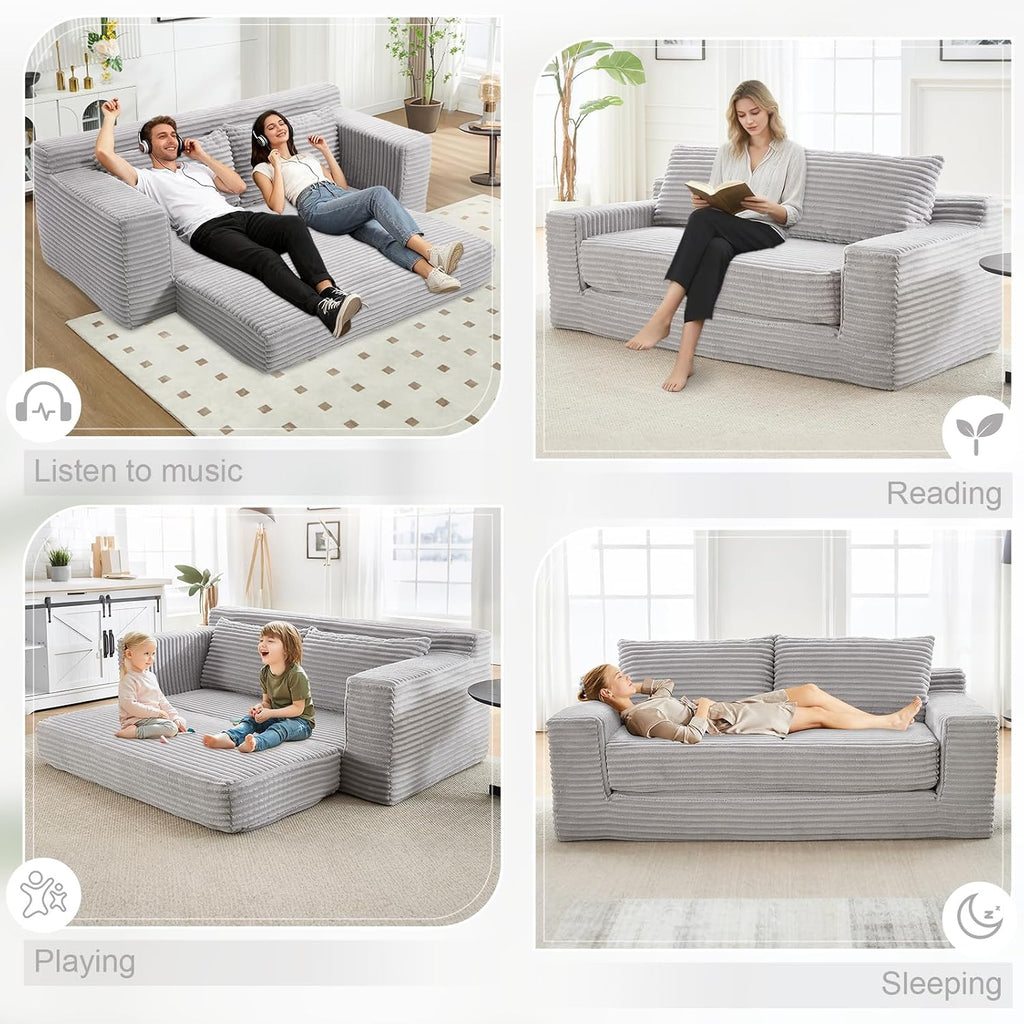 GNIXUU Corduroy Cloud Loveseat Sofa, 2 in 1 Convertible Sleeper Sofa with Fixed-Shape Frame, Comfy Folding Boneless Love Seat Couches for Living Room, Apartment, Small Spaces Grey