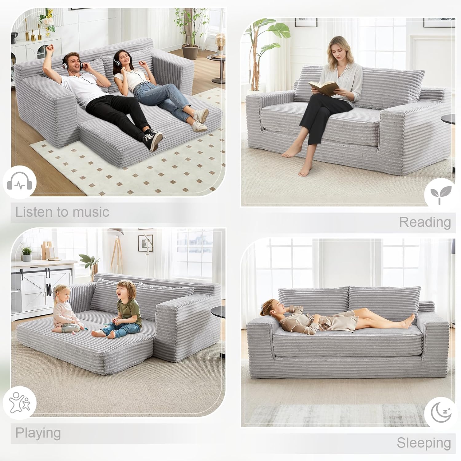 GNIXUU Corduroy Cloud Loveseat Sofa, 2 in 1 Convertible Sleeper Sofa with Fixed-Shape Frame, Comfy Folding Boneless Love Seat Couches for Living Room, Apartment, Small Spaces Grey
