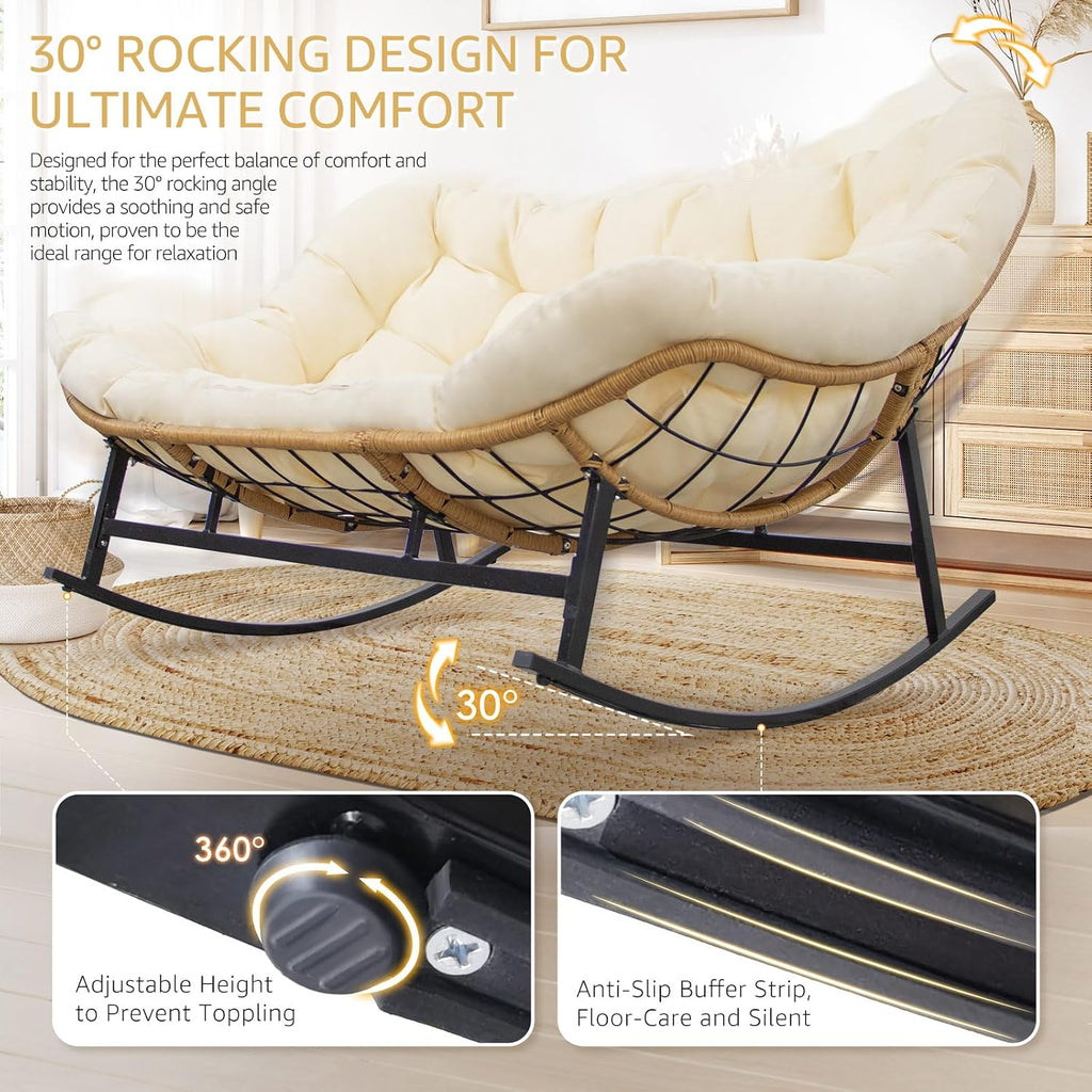 NICESOUL Oversized Double Rocking Papasan Chair with Cushion, 2 Person Big Wicker Outdoor Comfy Recliner, Large Heavy Duty Loveseat for Patio, Balcony, Backyard