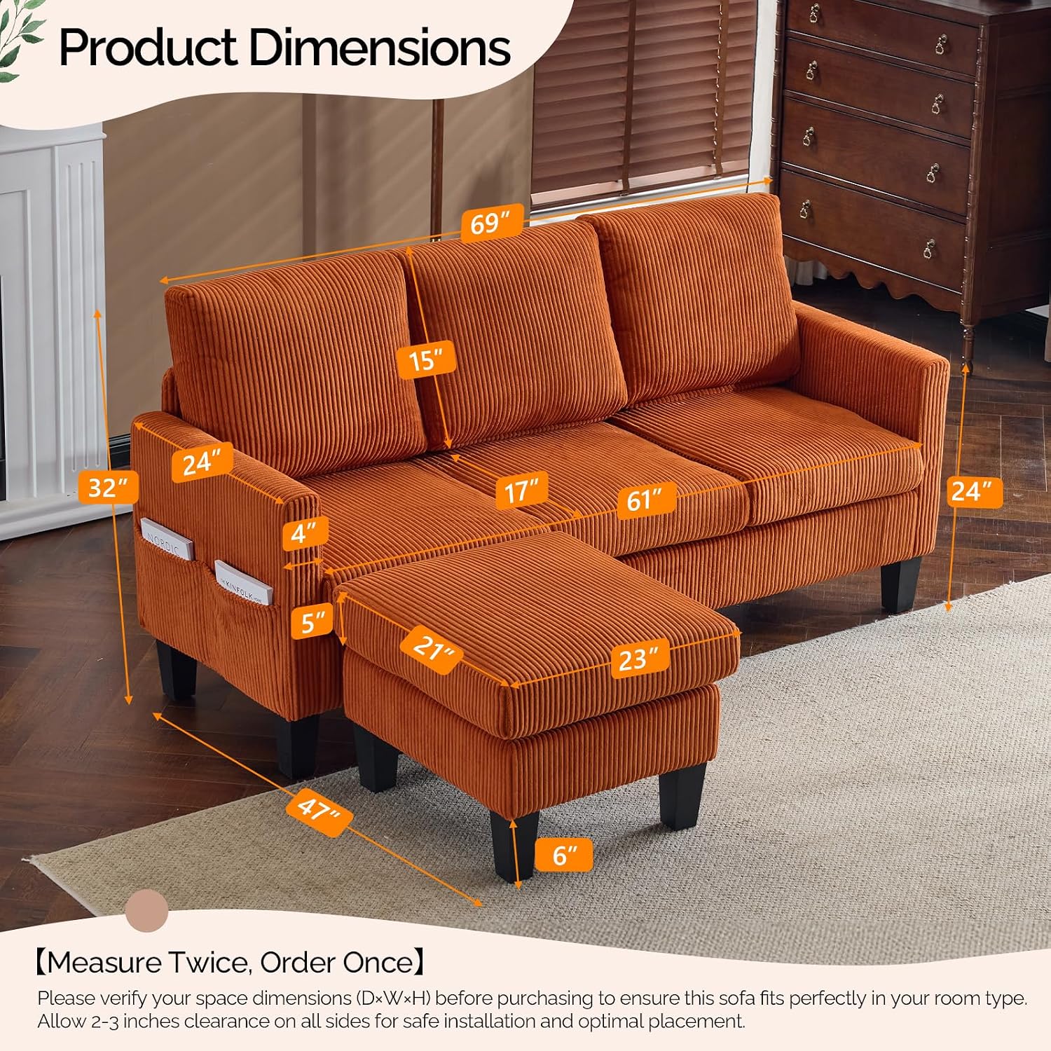 VINGLI 68.5' L Shaped Couch with Movable Storage Ottoman, Convertible Sectional Sofa in Soft Corduroy Fabric, Modern Reversible Chaise Couch for Small Spaces, Apartment, Living Room，Orange