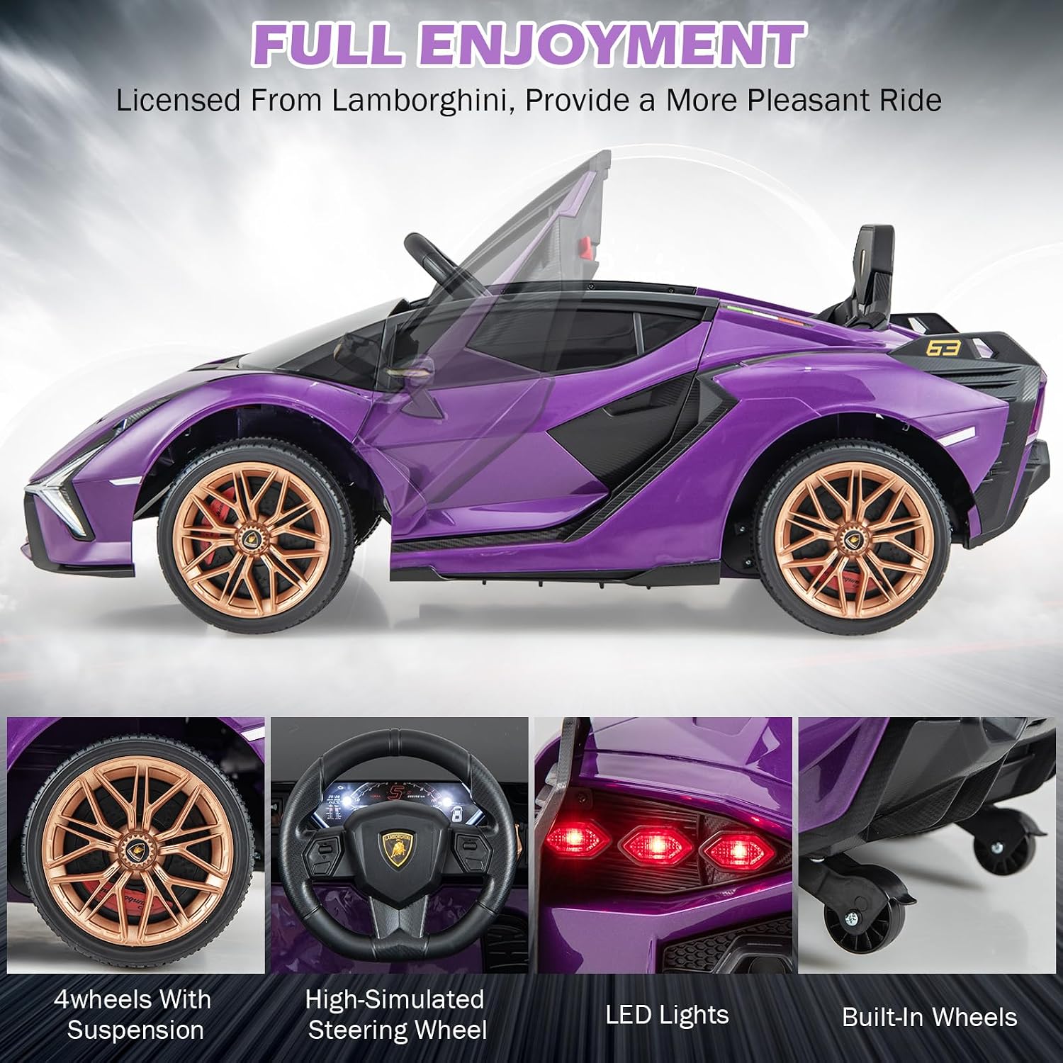 INFANS 12V Licensed Lamborghini Sian Kids Ride On Car with Parent Remote Control, Spring Suspension, MP3 Player, Electric Toy Roadster Carbon Fiber Textured for Toddler (Purple)