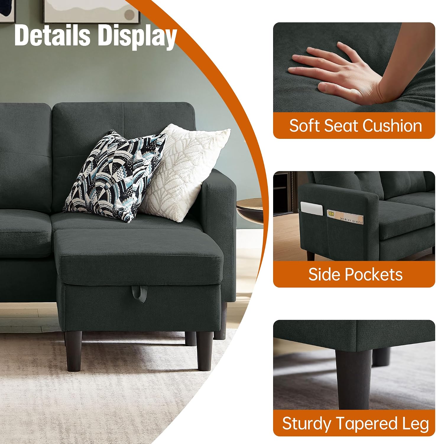 80' Convertible Sectional Sofa Couch with Movable Ottoman, 3 Seats Sectional Sofas L Shaped Couch for Small Spaces, Soft Fabric Couch for Living Room (Black)
