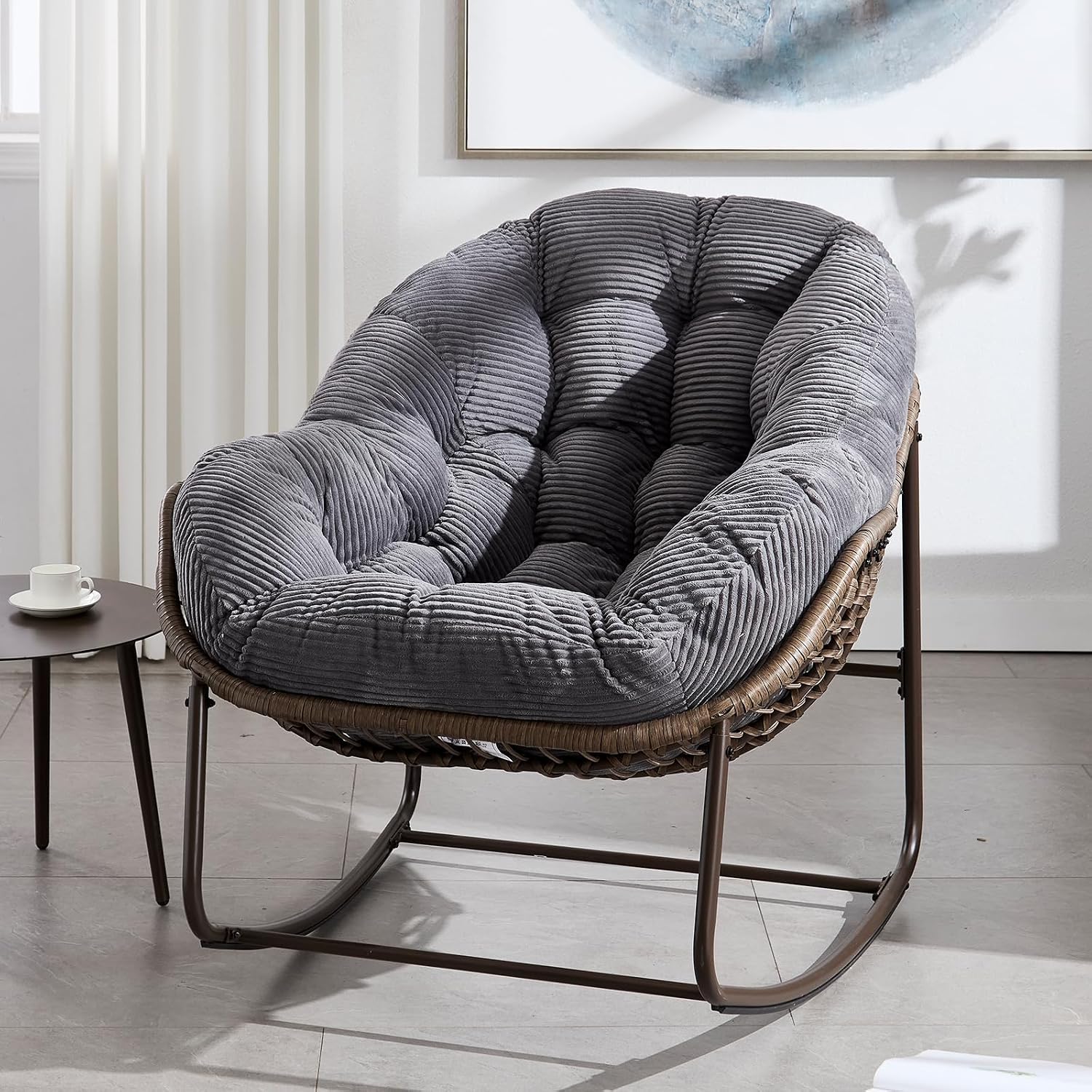 JEEOHEY Papasan Rocking Chairs Outdoor Indoor, Oversized Rattan Rocker Patio Chair with Padded Cushion, Comfy Modern Indoor Egg Chair for Living Room, Bedroom, Porch, Garden, Balcony(Corduroy, Grey)