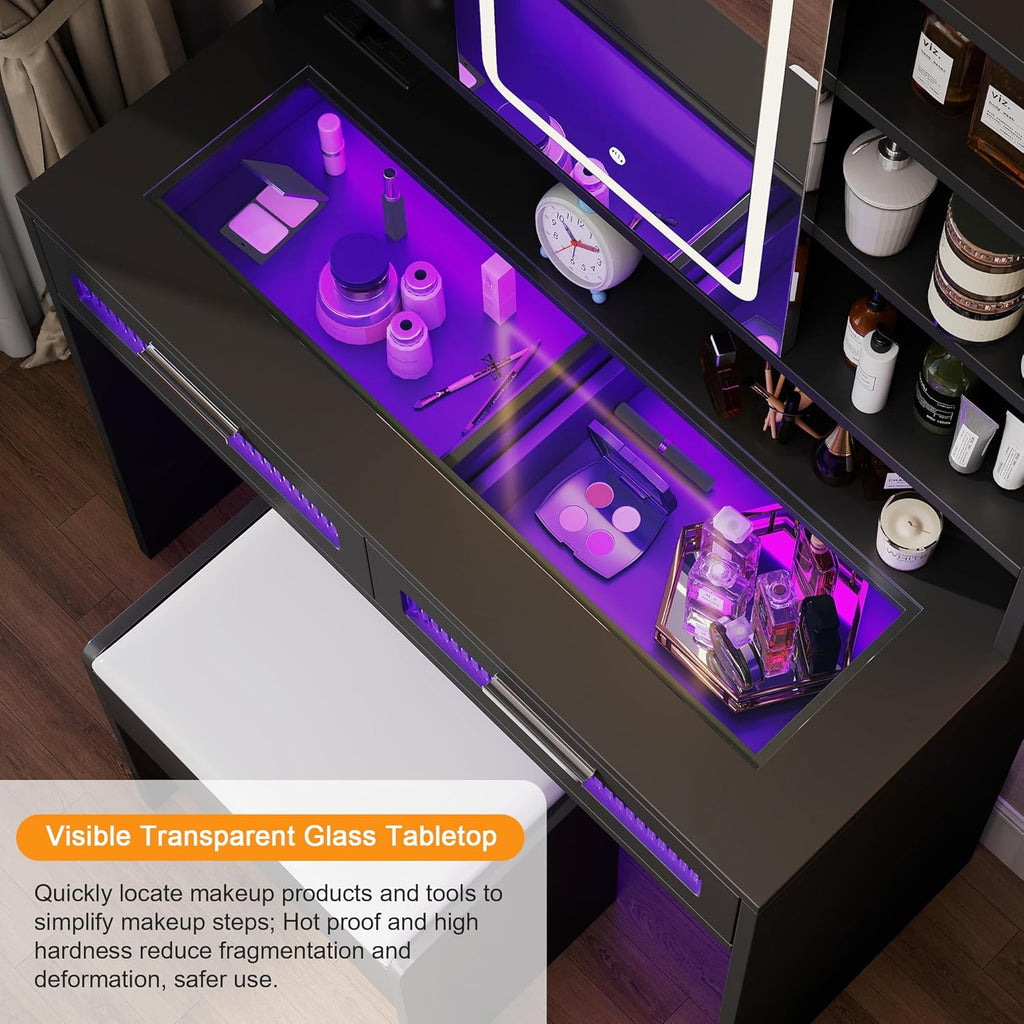 Hadulcet 35.5' Small Vanity Desk with Mirror and Lights, LED Makeup Vanity Desk with Glass Top, Power Outlets, 2 Acrylic Drawers, 7 Storage Shelves for Girls Women and Dressing Room, Black