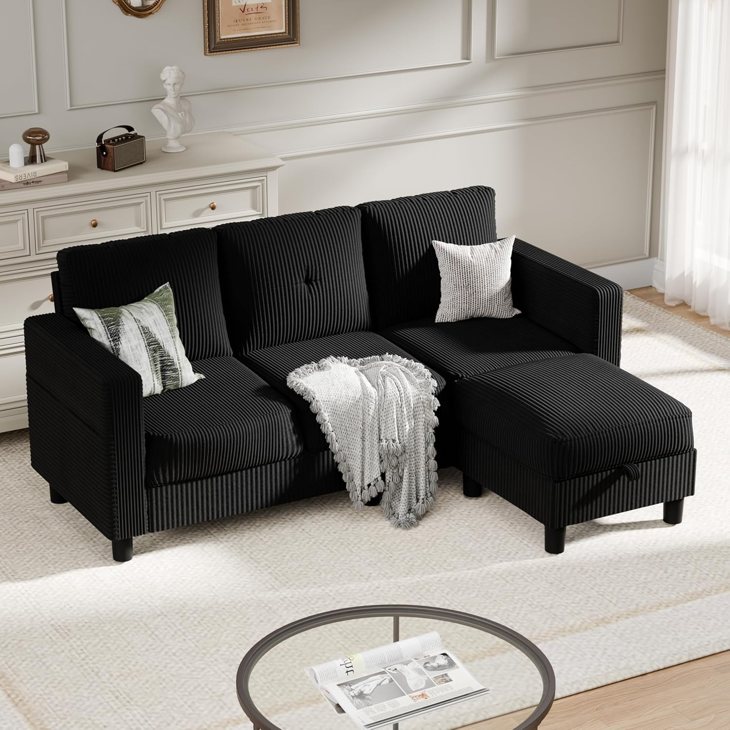 SUNLEI Convertible Sectional Couch Sofa for Small Spaces, L Shaped Modular Sofa with Removable Ottoman Storage, 3 Seat Modern Small Couches for Living Room in Apartment, Black