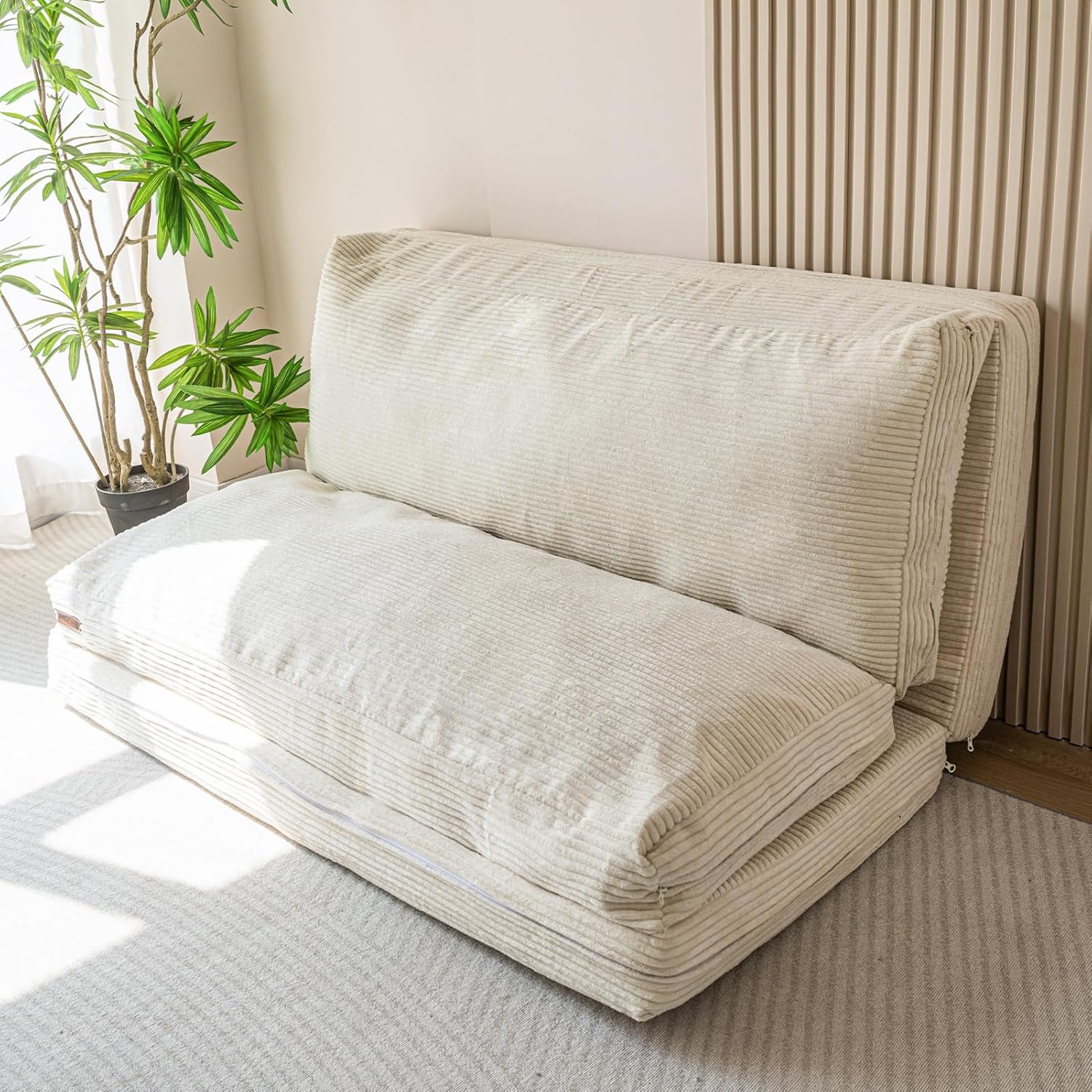 MAXYOYO Folding Sofa Bed, Extra Thick and Long Floor Sofa Convertible Sleeper Chair with Washable Cover, Floor Couch Lounge Bean Bag Bed for Living Room, Beige, 54x95 Inch