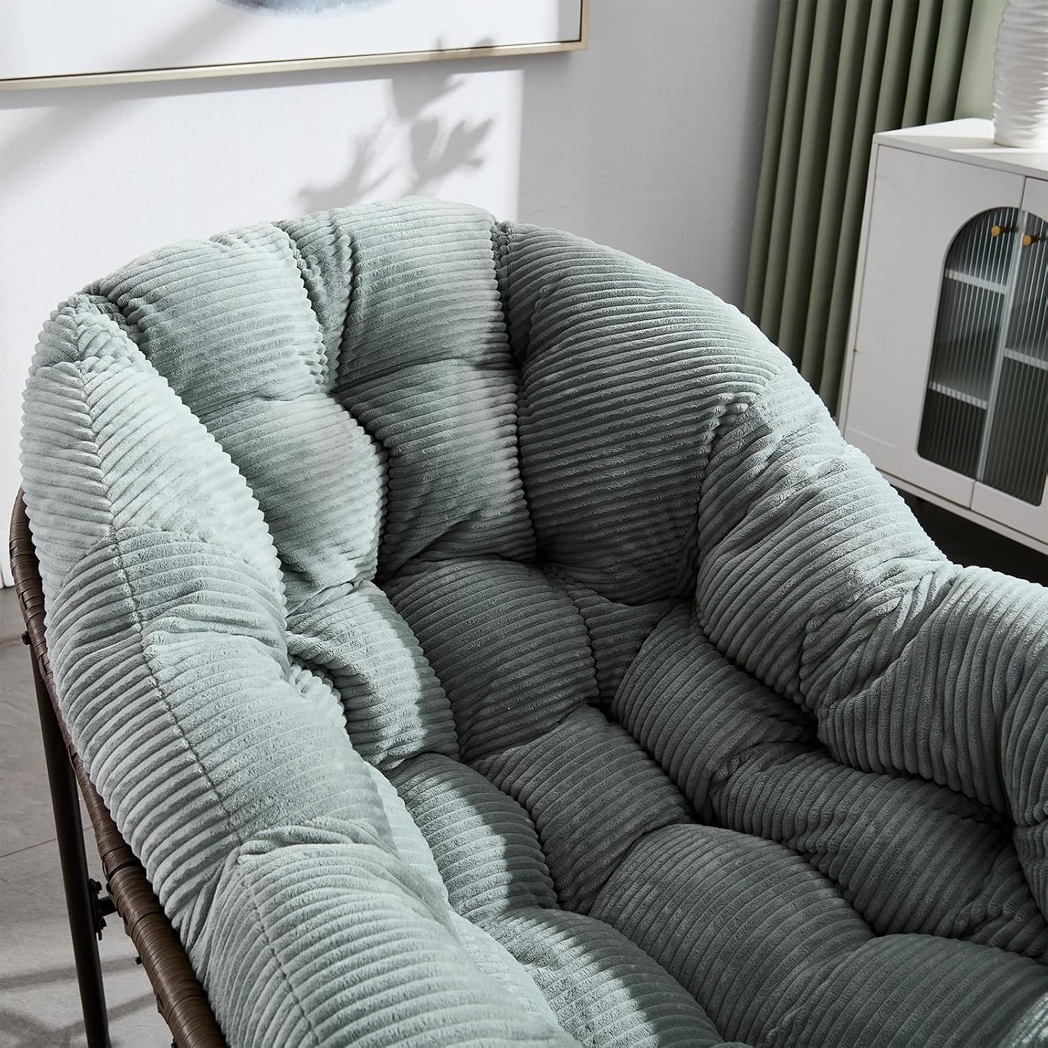 Papasan Rocking Chairs Outdoor Indoor, Oversized Rattan Rocker Patio Chair with Padded Cushion, Comfy Modern Indoor Egg Chair for Living Room, Bedroom, Porch, Garden, Balcony(Corduroy, Light Green)